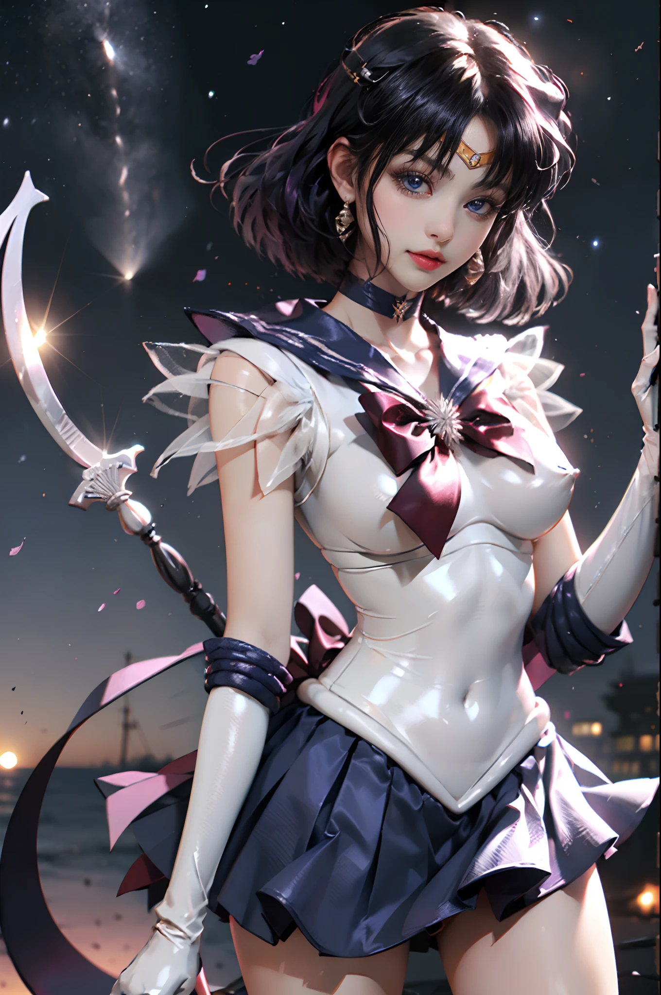 masterpiece、ful:1.3、stands、8K、3D、realisitic、Ultra Micro Photography、top-quality、Wallpapers with extreme details CG Unity 8K、frombelow、intricate detailes、(1 rapariga)、13years、Sailor Saturn:1.5,Hotaru Tsuchimoto:1.5,Sailor Senshi Uniform:1.2、Dark purple hair、Bob-cut hair fluttering in the wind,Sexy and dynamic model poses,dynamicposes,((big long spear,battoujutsu stance,weapon,Big sickle,Popol Weapon:1.2 )),(Purple sailor color,Purple pre-gate mini skirt:1.3、Purple Pleated Mini Skirt:1.3、very large red bow on the chest,,,,,,,Very big red bow on the buttocks,,、Long white latex gloves,Purple gloves on elbows、Luxurious Golden Tiara、耳Nipple Ring,)、(Outline of the iris, Details of face:1.5、Bright blue eyes、Beautiful expression、beautidful eyes、shinny eyes、thin lipss:1.5、thin and sharp pale eyebrows,、long dark eyelashes、Double eyelashes、Luxurious Golden Jewelry、Thin, thin and muscular,,,,,,,,,、a small face、tiny chest、小柄,perfectly proportions、big breasts thin waist、Visible Pore、Young Face、Sad look,seducting smile、perfect hand:1.5、Very thin and fit high gloss white holographic leather、high leg swimsuit、octan render、highly dramatic picture、Strong natural light、sunlights、exquisite lighting and shadow、dynamic ungle、Digital SLR、foco nítido: 1.0、Maximum clarity and sharpness、((kosmos,Saturn:1.5、Saturn ring:1.5、The sanctity of destruction and birth,cosmic background、rays of moonlight、Dynamic backgrounds、细致背景)),(meishaonv,tiarra,Gold tiara on forehead,a sailor suit)、