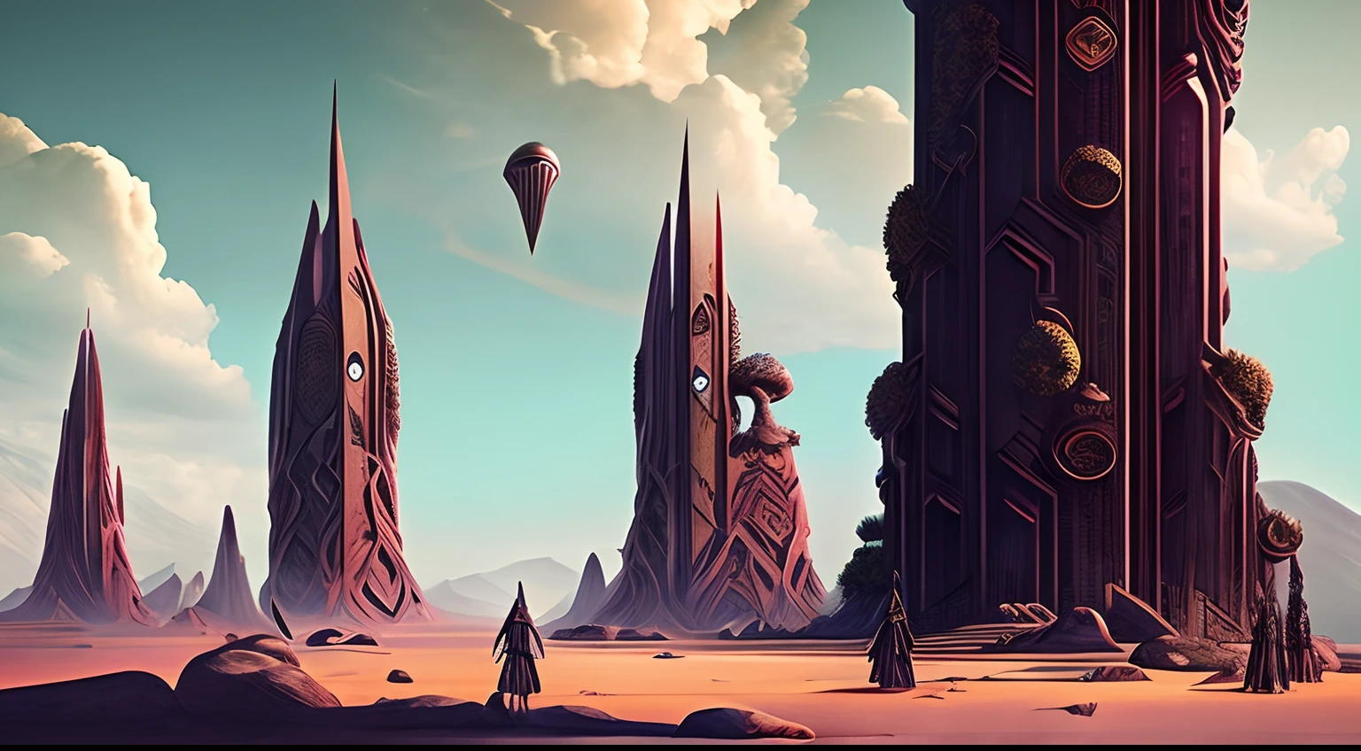 Humans in period costumes，alien worlds，Alien Babel Tower Pillar，alien monster，Alien decadent landscape