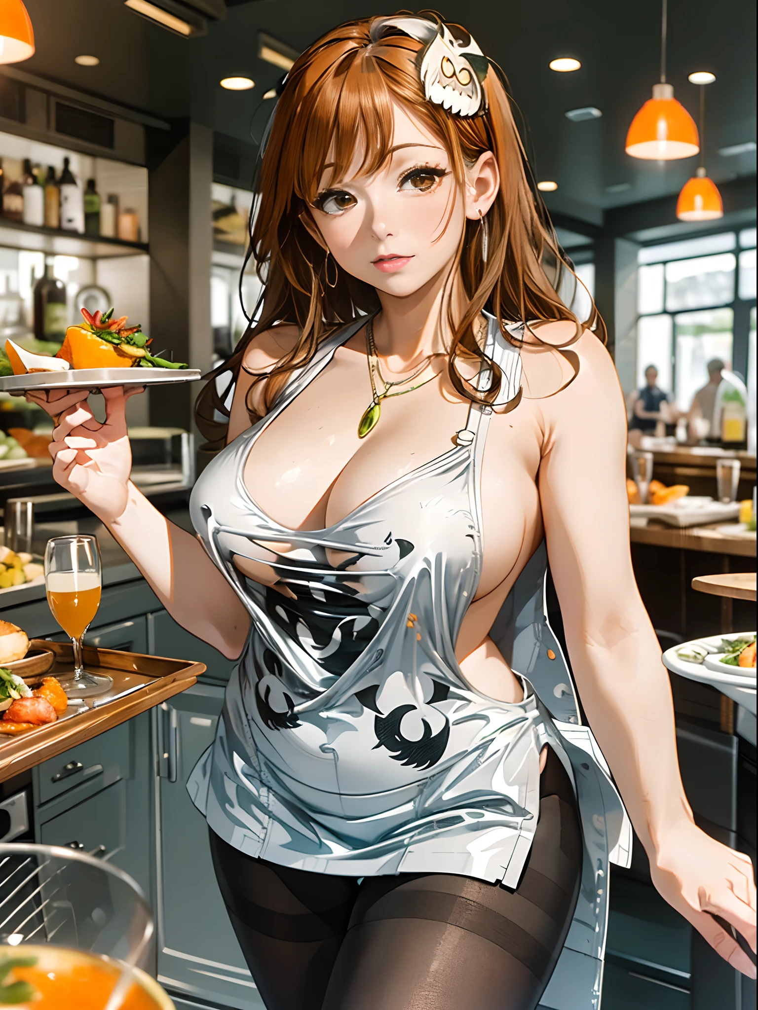 (restaurant, Waitress, standing, Tray in hand:1.2), (tight fit clothes:1.2), (Tight white vest:1.4), (Wear a white vest over a naked body:1.1), (Delicate orange-orange yoga miniskirt1.4), (Wear orange yoga shorts over pantyhose),(Owl print on vest), (Hang the neckline:1.2), bare shoulders, Plump big breasts,Perfect body slim beauty,