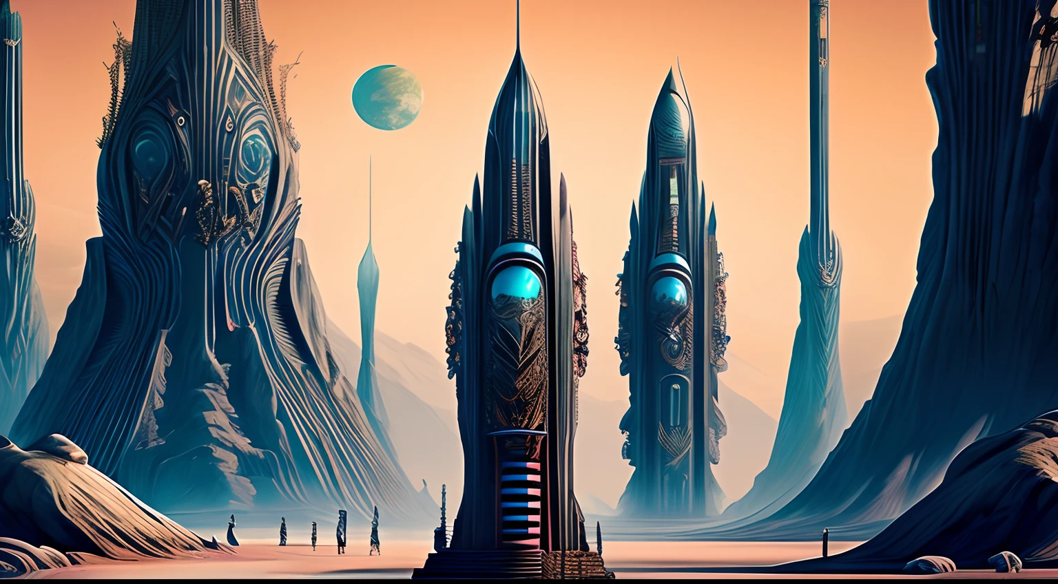 Humans in period costumes,alien worlds,Alien Babel Pillar,alien monster,Alien decadent landscape