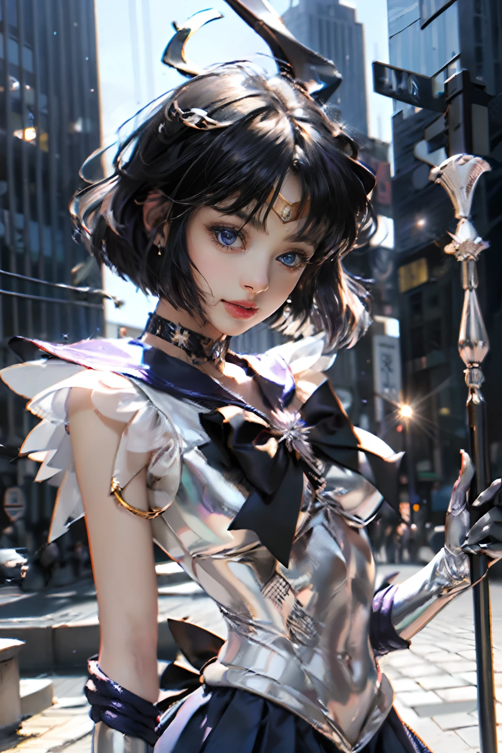 ​masterpiece、ful:1.3、stands、8K、3D、realisitic、Ultra Micro Photography、top-quality、Wallpapers with extreme details CG Unity 8K、frombelow、intricate detailes、(1 rapariga)、13years、Sailor Saturn:1.5,Hotaru Tsuchimoto:1.5,Sailor Senshi Uniform:1.2、Dark purple hair、Bob-cut hair fluttering in the wind,Sexy and dynamic model poses,dynamicposes,((big long spear,battoujutsu stance,weapon,Big sickle,Popol Weapon:1.2 )),(Purple sailor color,Purple pre-gate mini skirt:1.3、Purple Pleated Mini Skirt:1.3、very large red bow on the chest,,,,,,,Very big red bow on the buttocks,,、Long white latex gloves,Purple gloves on elbows、Luxurious Golden Tiara、耳Nipple Ring,)、(Outline of the iris, Details of face:1.5、Bright blue eyes、Beautiful expression、beautidful eyes、shinny eyes、thin lipss:1.5、thin and sharp pale eyebrows,、long dark eyelashes、Double eyelashes、Luxurious Golden Jewelry、Thin, thin and muscular,,,,,,,,,、a small face、tiny chest、小柄,perfectly proportions、big breasts thin waist、Visible Pore、Young Face、Sad look,seducting smile、perfect hand:1.5、Very thin and fit high gloss white holographic leather、high leg swimsuit、octan render、highly dramatic picture、Strong natural light、sunlights、exquisite lighting and shadow、dynamic ungle、Digital SLR、foco nítido: 1.0、Maximum clarity and sharpness、((kosmos,Saturn:1.5、Saturn ring:1.5、The sanctity of destruction and birth,cosmic background、rays of moonlight、Dynamic backgrounds、细致背景)),(meishaonv,tiarra,Gold tiara on forehead,a sailor suit)、