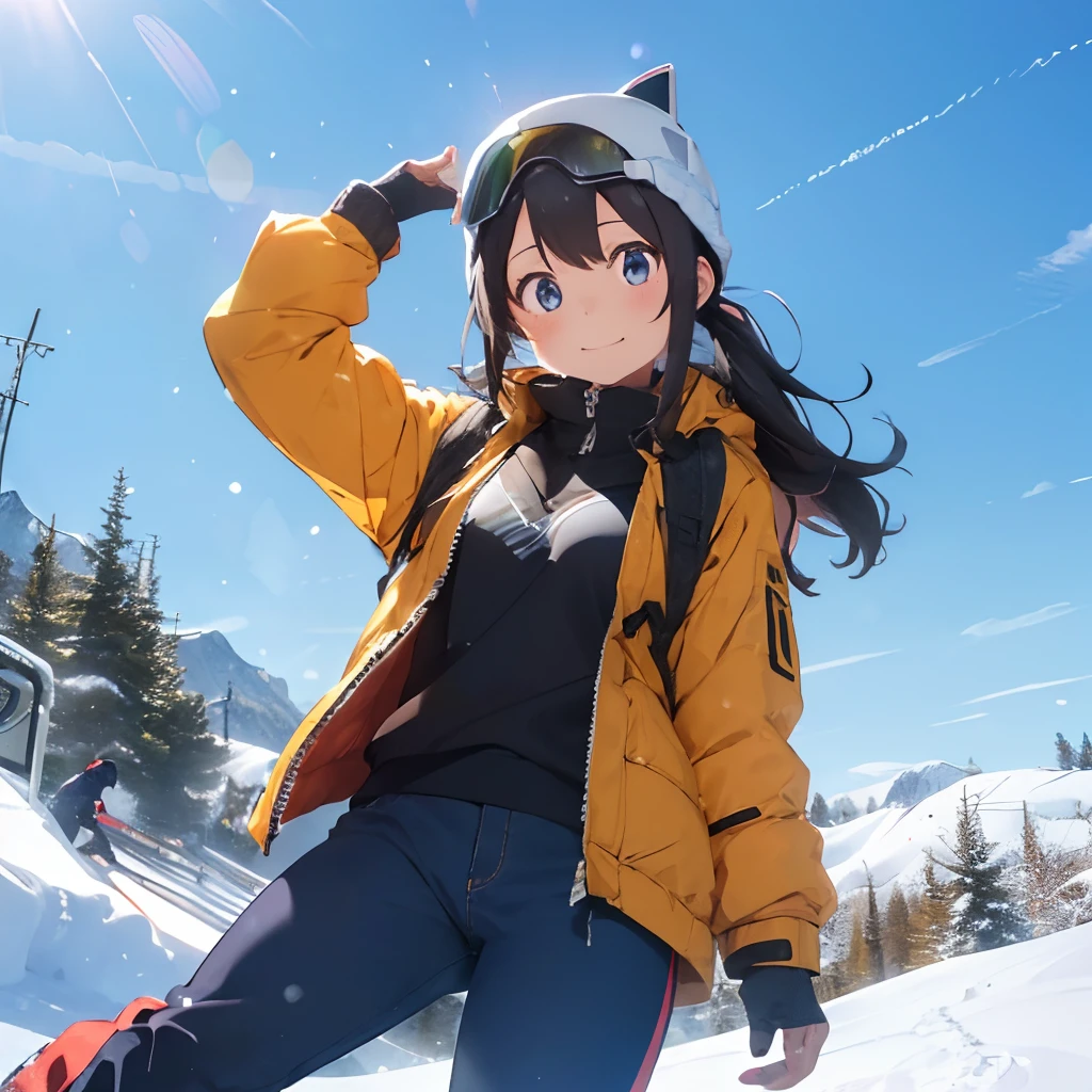 masutepiece, Best Quality, 8K_Wallpaper, (Beautiful eyes), ((There is an elevator on your left、There are a lot of people on board)), Cute, (Yellow Wear、Outerwear is blue、Red pants), (Sliding down the slope),1girl in,small tits,1 schoolgirl、Smile,(A girl standing on top of a mountain)、(((There is snow piled higher than the head)))、Ski resort on a sunny day、snow board、(((A girl standing on top of a mountain)))(((Wear a snowboard)))、