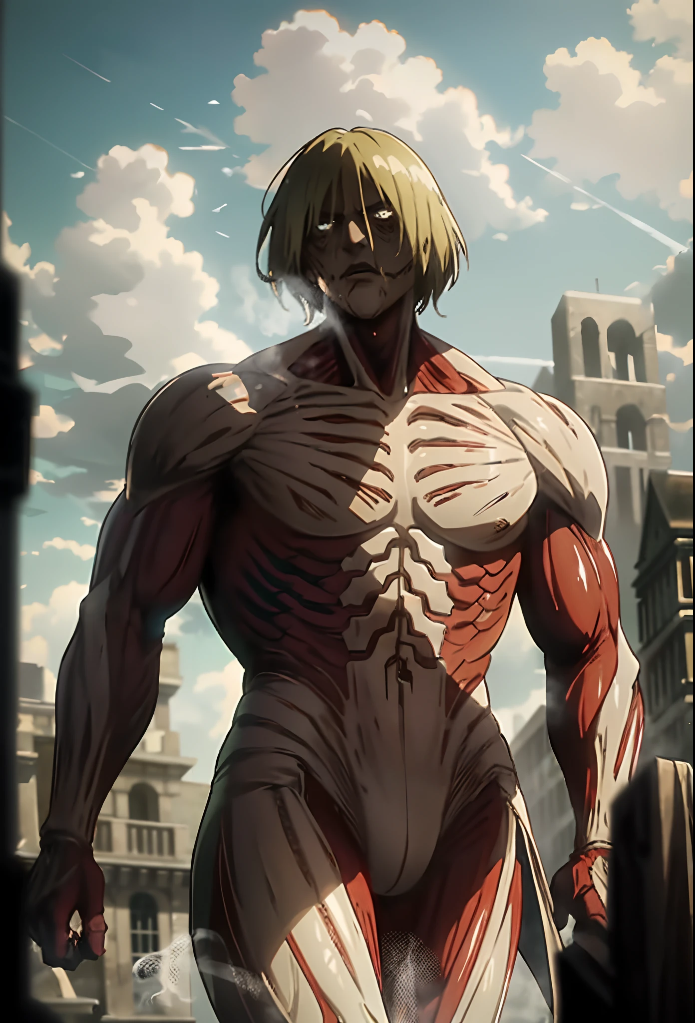 Image of the "Giant Smoker" in "Attack on Titan": overgrown, formal presence commanding respect and short white hair with facial scars. Towering with his tense and stern expression, Smoker's justice-driven demeanor continues. He's a hulking marine, facing chaos with unyielding determination.detailed, ultra hd, hdr, 8k, cinematic, dramatic lighting ray tracing reflections