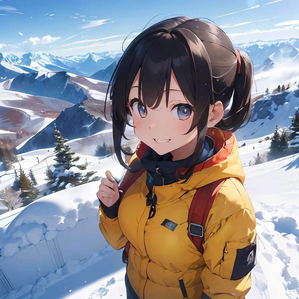 masutepiece, Best Quality, 8K_Wallpaper, (Beautiful eyes), ((There is an elevator on your left、There are a lot of people on board)), Cute, (Yellow Wear、Outerwear is blue、Red pants), (Sliding down the slope),1girl in,small tits,1 schoolgirl、Smile,(A girl standing on top of a mountain)、(((There is snow piled higher than the head)))、Ski resort on a sunny day、snow board、(((A girl standing on top of a mountain)))(((Wear a snowboard)))、