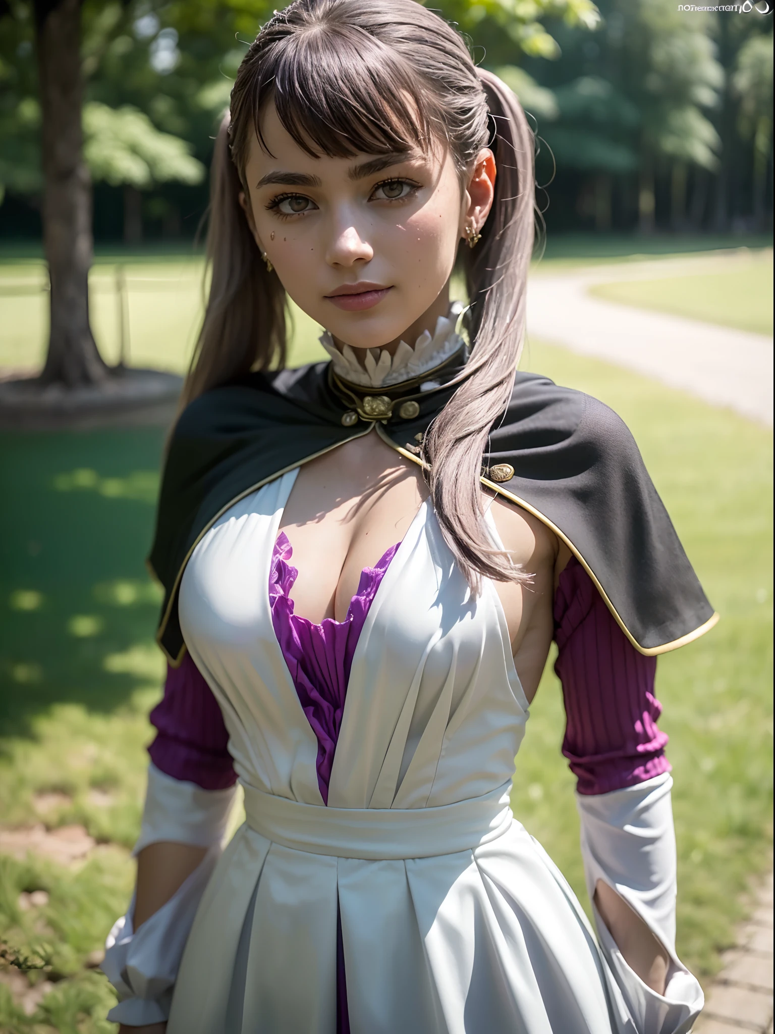 ((Masterpiece, high quality, high resolution:1.4), (standing:1.2), (full body:1.2), smile, noelle_silva, long hair, twintails, bangs, earring, jewelry, silver hair, purple eyes, mage_dress, white dress, cleavage, capelet, black capelet, long sleeves, outdoors, nature, highly detailed skin, skin pores, (highly detailed face:1.2), (highly detailed eyes:1.2), realistic pupils:1.2, full face blush, full lips, (perfect anatomy:1.1), (perfect proportions:1.1), (photography:1.1), (photorealistic:1.1), volumetric lighting, dynamic lighting, real shadows, (highres:1.1), sharp focus, (realistic, hyperrealistic:1.4), intricate, high detail, dramatic, subsurface scattering, big depth of field, vivid, polished, sharpened, ((full Sharp)), (extremely absurdres),16k hdr,