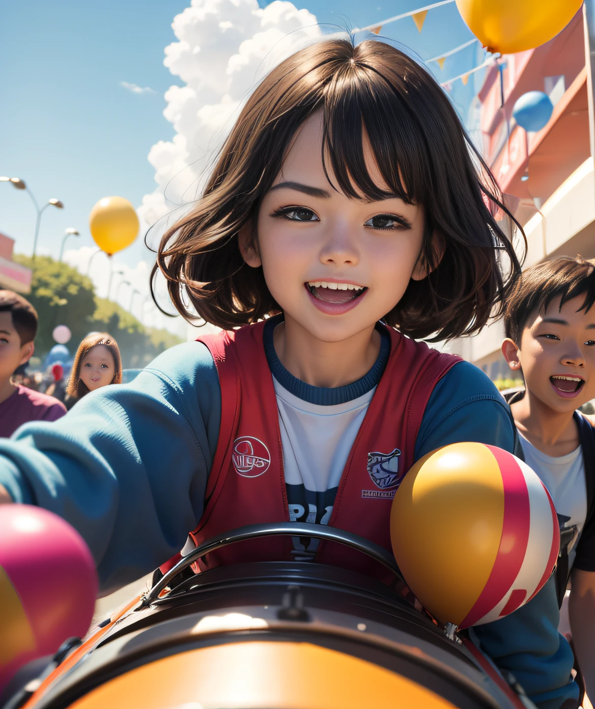 A family of three is running，An amusement park，holding balloons，cheerfulness，rejoice，Perfect quality，Clear focus（Clutter - home：0.8）， （tmasterpiece：1.2） （realisticlying：1.2） （bokeh） （best qualtiy） （detailedskin：1.3） （complexdetails） （8K） （detailedeyes） （Sharp focus）,（having fun）