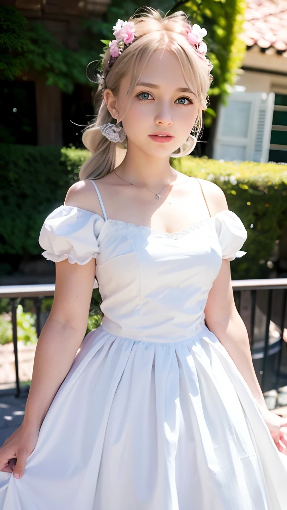 (ultra-detailliert), White cute princess dress,(frilly dress),(shortsleeves),Blue eyes,a closeup,Lovely smile,facing front, 20yr old, Girl in her 20s,no tail,(no tail),2D, ​masterpiece, top-quality, animesque, A detailed eye, A detailed face, girl with, Only 1 person,Silver-haired medium hair, (silber hair),  Ear Hair, small tits, Single braid, (Single braid), (Side braid), Pink ribbon, Ribbon around the neck, (Gray sleeves), Stand in front of the palace,