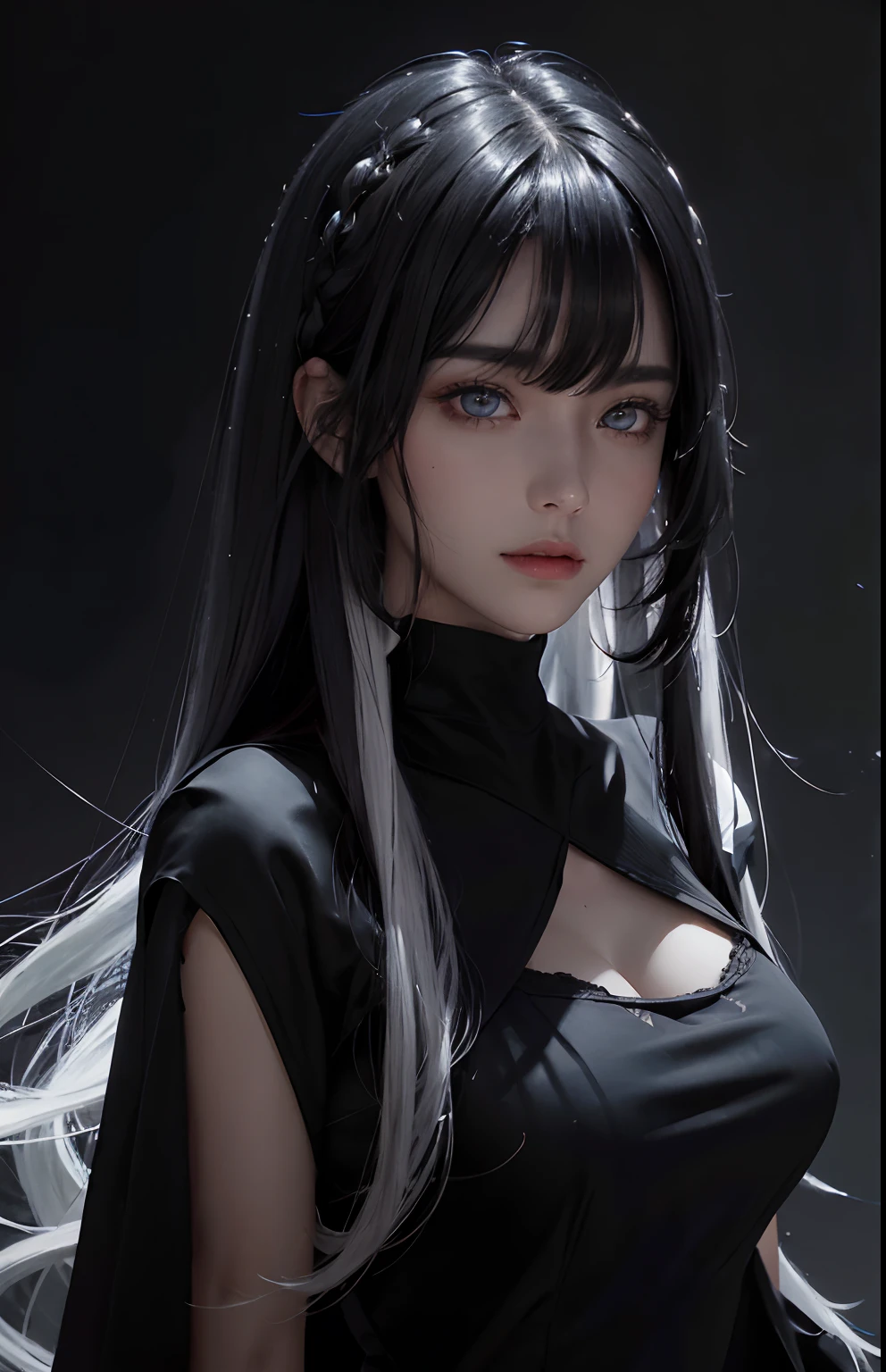 (Ultra Realistic), (Illustration), (Increased Resolution), (8K), (Extremely Detailed), (Best Illustration), (Beautiful and Detailed Eyes), (Best Quality), (Ultra Detailed), (Masterpiece ), ( wallpaper), (detailed face), solo, 1 girl, looking at viewer, fine details, detailed face, in the dark, deep shadows, low key, pureerosfaceace_v1, smiling, long hair, black shawl straight hair , 46 points oblique bangs, masterpiece, best quality, 35mm, 8k, absurdres, beautiful girl, (upper body, dark grey background:1.4), (black classical dress, black hair:1.6), slender, dark studio, rim lighting, ultra realistic, highres, photography, film grain, chromatic aberration, depth of field, sharp focus, HDR, facelight, dynamic lighting, cinematic lighting, professional shadow, dark shadow, highest detailed, extreme detailed, ultra detailed, finely detail, real skin, delicate facial features, detailed face and eyes, sharp pupils, realistic pupils, long black hair with bangs, black hair top, white hair undercolor, Split Hair Two Tone , Split Hair Two Tone black and white color hair,black hair, white hair, mix hair color,green eyes, white hair  emerald eyes. white hair, platinum hair color.