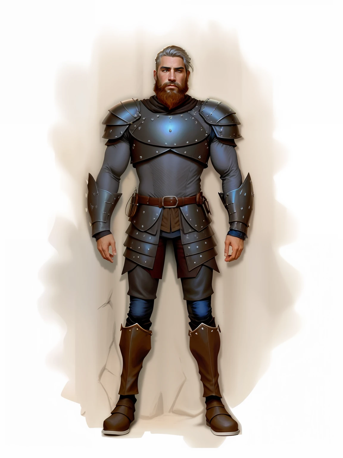 uma imagem de desenho animado de um homem em armadura, d&d retrato de corpo inteiro, armadura de cor preta com detalhes avermelhados, um paladino masculino humano, conceito de personagem dnd, novo design de conceito de figurino, personagem de fantasia d&d, conceito de corpo inteiro, personagem dnd guerreiro, arte conceitual acabada, usado em armadura de couro, conceito de personagem de corpo inteiro, cabelo curto e loiro, barba feita, cara de mal