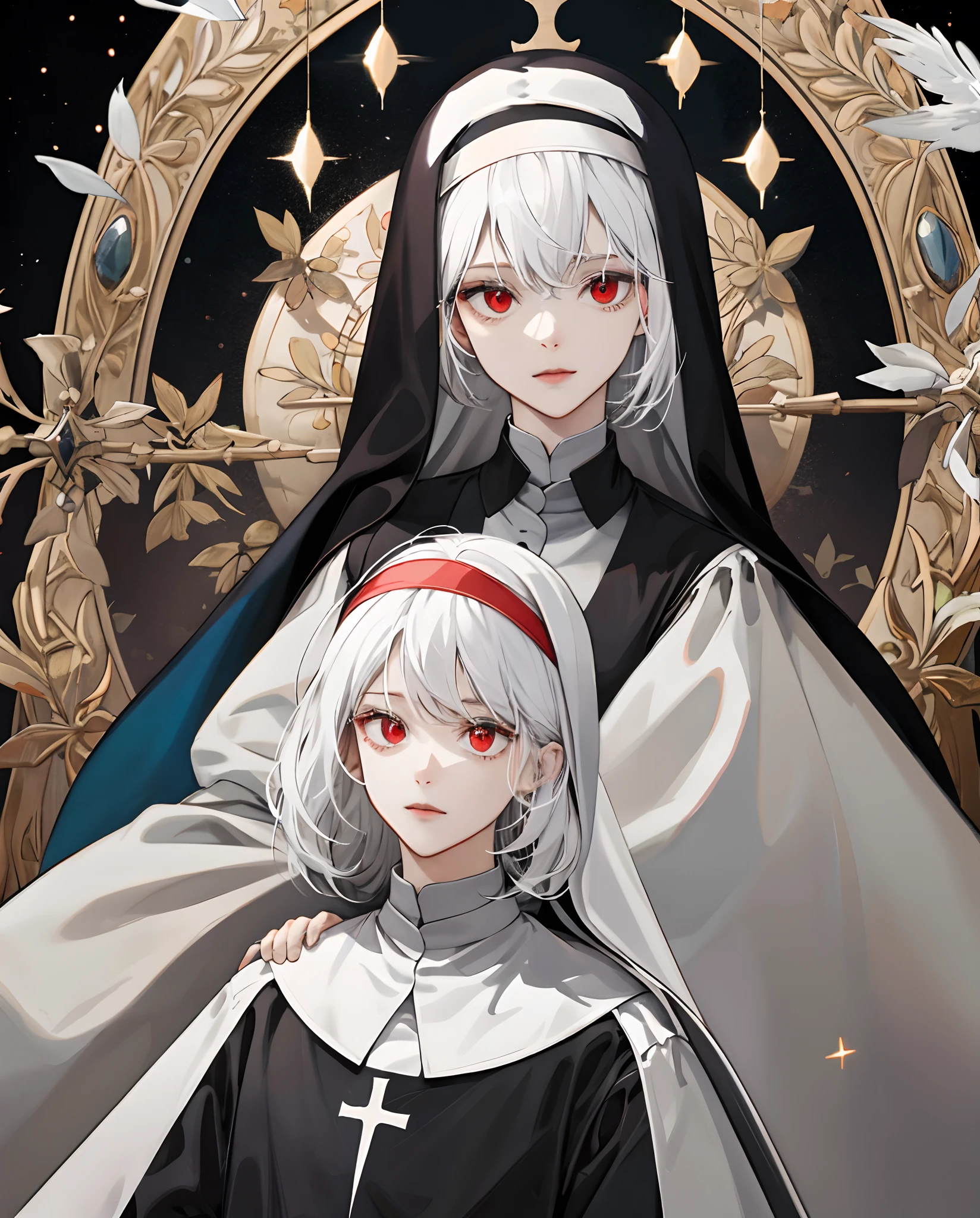 Highest quality Two-dimensional Mosaic style Dark shade Nun White hair Red eyes No highlights in the eyes Dark background Divine
