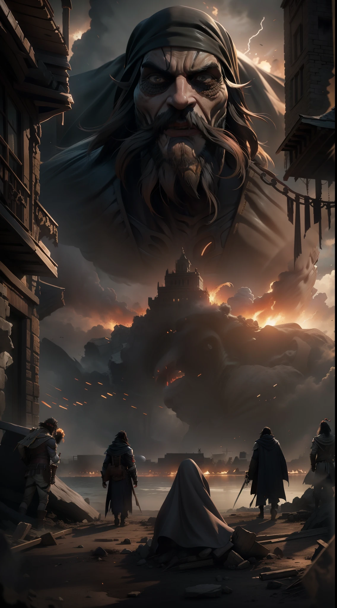 Imagine Giant Blackbeard in "Attack on Titan": swelled up, his ominous aura looming large. Towering with his dark cloak, multiple abilities, black beard, and intimidating smile, Blackbeard's sinister presence and ambition continues. He is a formidable planner, navigating the chaos with cunning strategies. Blackbeard's blend of darkness and power blends with the turmoil of the Titan world, to make for an intriguing cross-sectional narrative of treachery and supremacy.detailed, ultra hd, hdr, 8k, cinematic, dramatic lighting ray tracing reflections