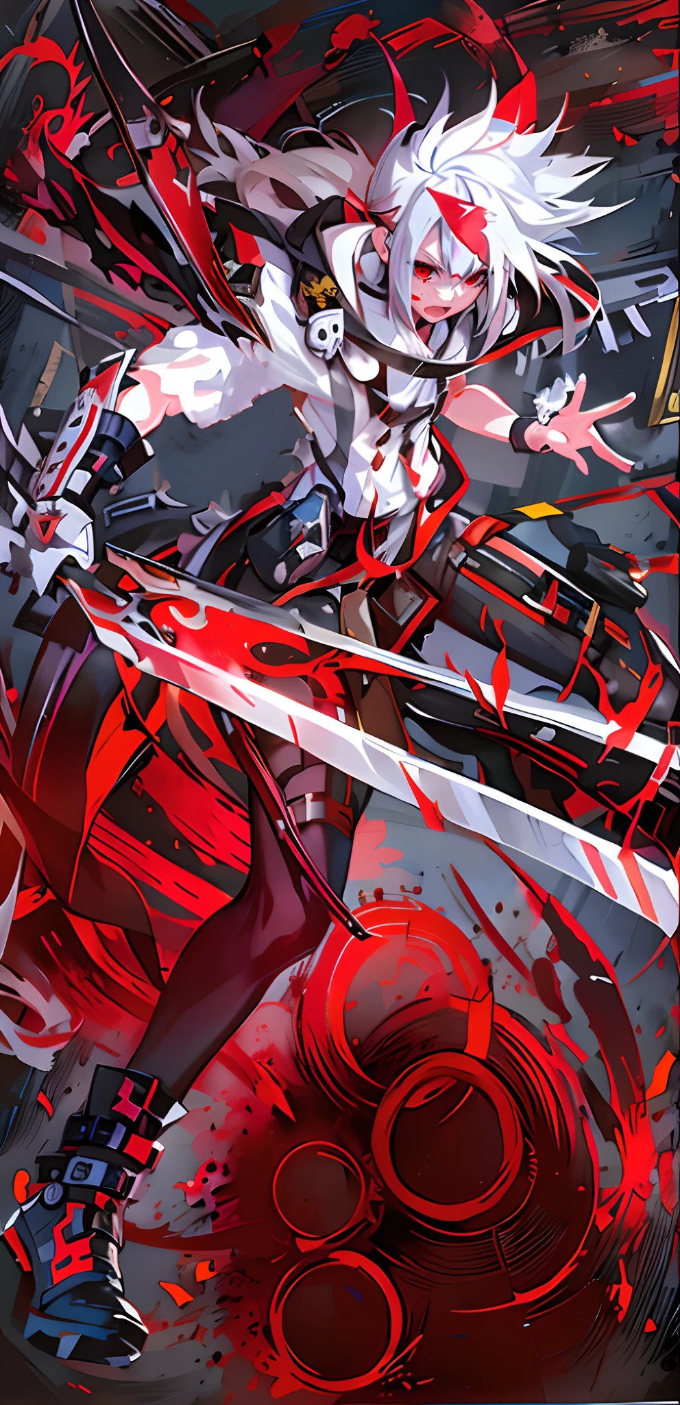 animemanga girl,Swords and blood splattered around her, concept art by Kanbun Master, Pisif, auto-destructive art, Guilty Gear strives to splash art, Kill Pull Kill illustration, From Arknights, guilty gear art direction, Detailed key anime art, guilty gear art style, kill la kill, guilty gear strive graphics, persona 5 art style wlop, trash polka