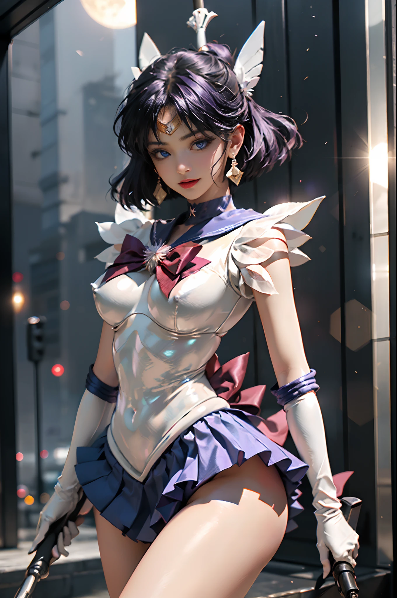 masterpiece、ful:1.3、stands、8K、3D、realisitic、Ultra Micro Photography、top-quality、Wallpapers with extreme details CG Unity 8K、frombelow、intricate detailes、(1 rapariga)、13years、Sailor Saturn:1.5,Hotaru Tsuchimoto:1.5,Sailor Senshi Uniform:1.2、Dark purple hair、Bob-cut hair fluttering in the wind,Sexy and dynamic model poses,dynamicposes,dynamic ungle、((Big long spear,battoujutsu stance,arma,Big sickle,Popol Weapon:1.2 )),(Purple sailor color,Purple pre-gate mini skirt:1.3、Purple Pleated Mini Skirt:1.3、very large red bow on the chest,,,,,,,,Very big red bow on the buttocks,,、Long white latex gloves,Purple gloves on elbows、Luxurious Golden Tiara、耳Nipple Ring,)、(Outline of the iris, Details of face:1.5、Bright blue eyes、Beautiful expression、beautidful eyes、shinny eyes、thin lipss:1.5、thin and sharp pale eyebrows,、long dark eyelashes、Double eyelashes、Luxurious Golden Jewelry、Thin, thin and muscular,,a small face、tiny chest、小柄,perfectly proportions、big breasts thin waist、Visible Pore、Young Face、Sad look,seducting smile、perfect hand:1.5、Very thin and fit high gloss white holographic leather、high leg swimsuit、octan render、highly dramatic picture、Strong natural light、sunlights、exquisite lighting and shadow、Digital SLR、foco nítido: 1.0、Maximum clarity and sharpness、((kosmos:1.3,Saturn:1.5、Saturn ring:1.5、The sanctity of destruction and birth,cosmic background、rays of moonlight、Dynamic backgrounds、细致背景)),(meishaonv,tiarra,Gold tiara on forehead,a sailor suit)、