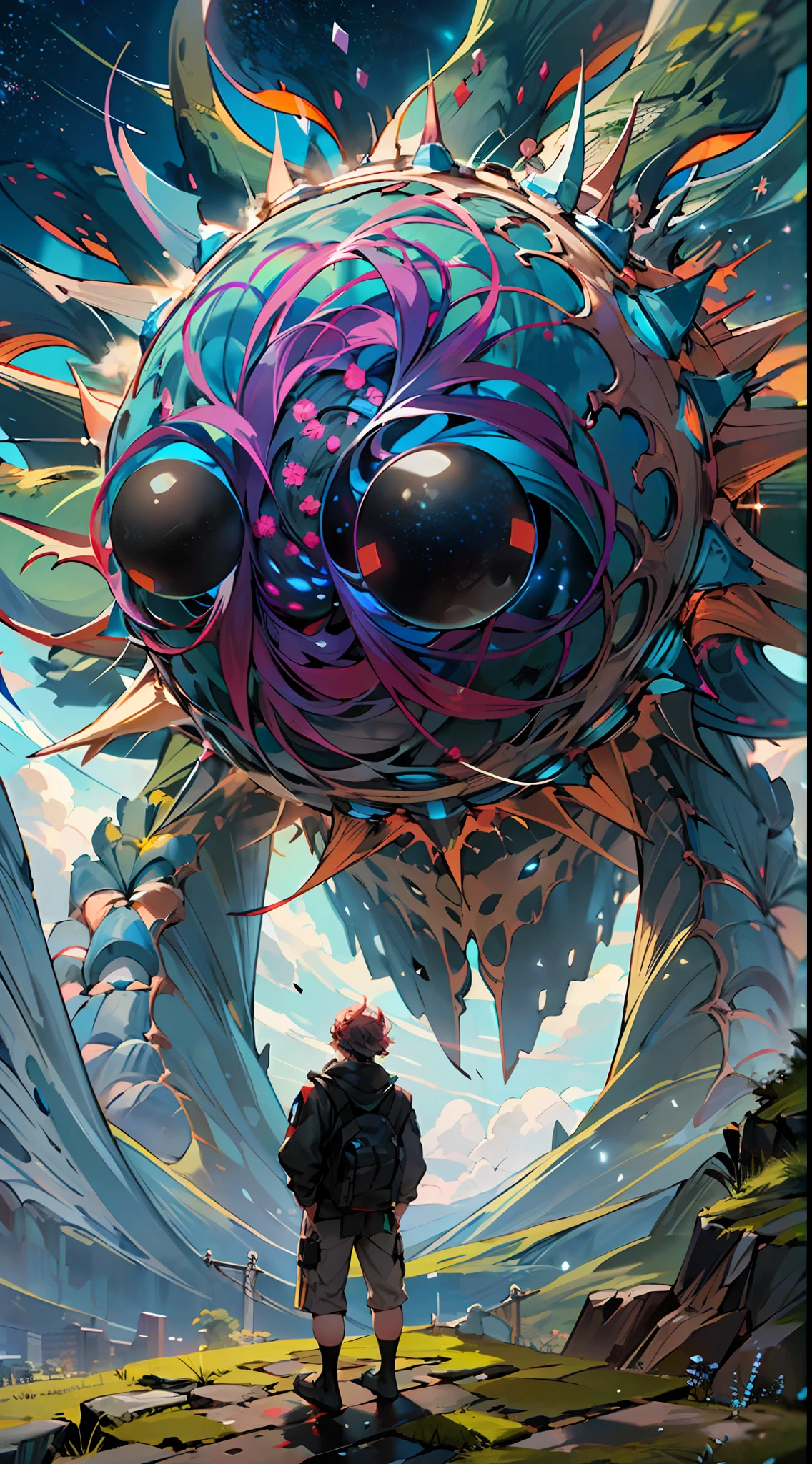 Monstruo gigante mirando hacia abjao en un paisaje de otro mundo,Gigante echo de fractales, Fractal infinito,fractal de Mandelbrot, divino, Figura imponente humanoide, masivo,escala masiba, mirando hacia abajo, de pie, inmenso, apocalyptic, colorido, iridiscente, obra maestra, 4k-resolution, detalles intrincados, dios,divino,ente superios echo de fractales,figuara imposible,geometria unica,