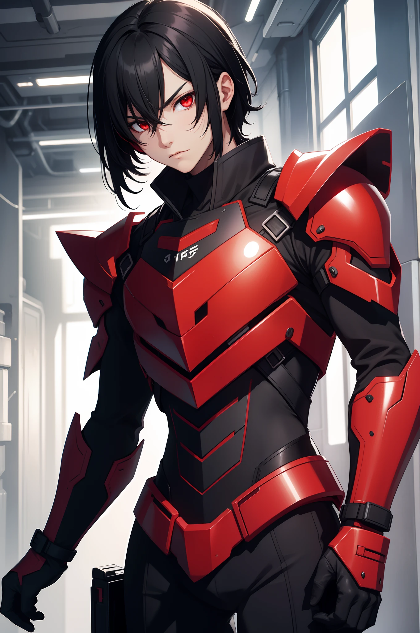 (masterpiece, best quality), black hair, short hair, plant, looking at viewer, red eyes, katana, High-tech armor, reinforced exoskeleton, solo focus, standing, (1man:1.4),