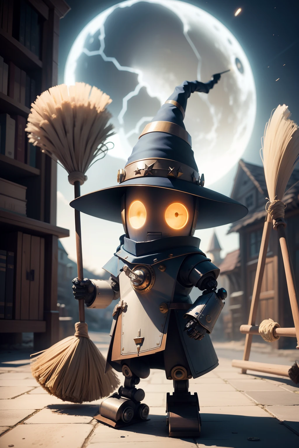 Robot in wizard hat,Hold a broom in your left hand