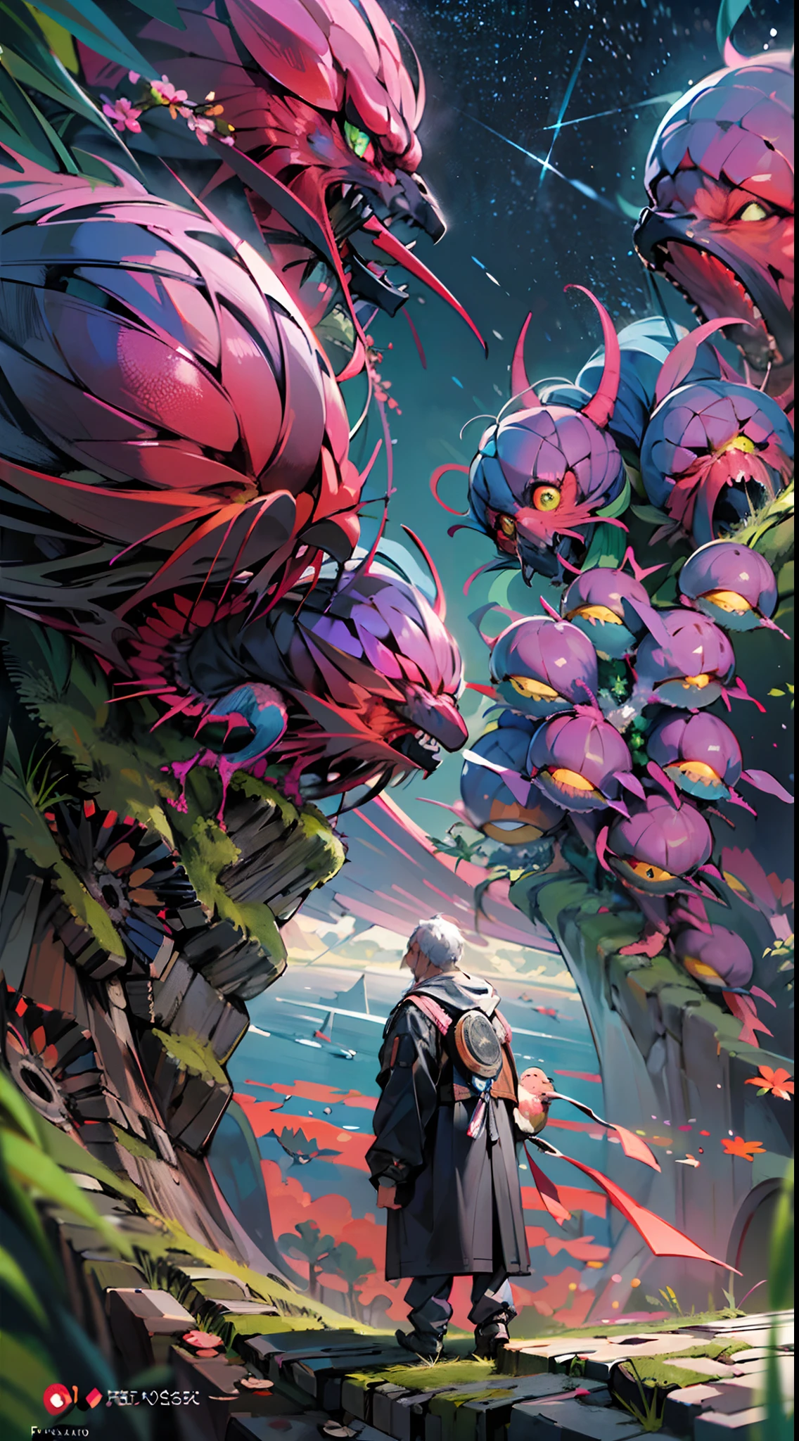 Monstruo gigante mirando hacia abjao en un paisaje de otro mundo,Gigante echo de fractales, Fractal infinito,fractal de Mandelbrot, divino, Figura imponente humanoide, masivo,escala masiba, mirando hacia abajo, de pie, inmenso, apocalyptic, colorido, iridiscente, obra maestra, 4k-resolution, detalles intrincados, dios,divino,ente superios echo de fractales,figuara imposible,geometria unica,