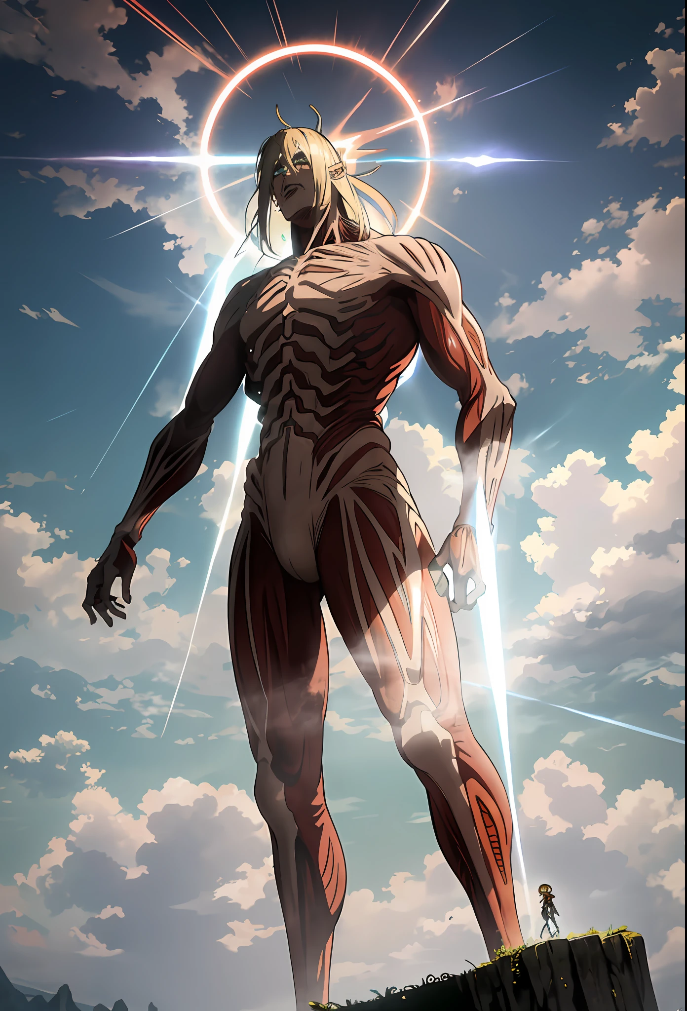 Imagine "Giant Eneru" in the world of "Attack on Titan": the overgrown, dizzying aura that terrifies. Towering with his electric wand, piercing gaze, and long ears, Eneru's god-like demeanor and lightning powers persist. formidable lightning manipulator,etailed, ultra hd, hdr, 8k, cinematic, dramatic lighting ray tracing reflections