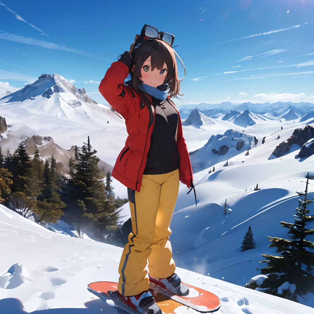 masutepiece, Best Quality, 8K_Wallpaper, (Beautiful eyes), ((There is an elevator on your left、There are a lot of people on board)), Cute, (Yellow Wear、Outerwear is blue、Red pants), (Following my friend downhill),1girl in,small tits,1 schoolgirl、Smile,(Girl Standing On Top Of A Mountain)、(((There is snow piled up higher than the head)))、Ski resort on a sunny day、snow board、(((Girl Standing On Top Of A Mountain)))(((Wear a snowboard)))、