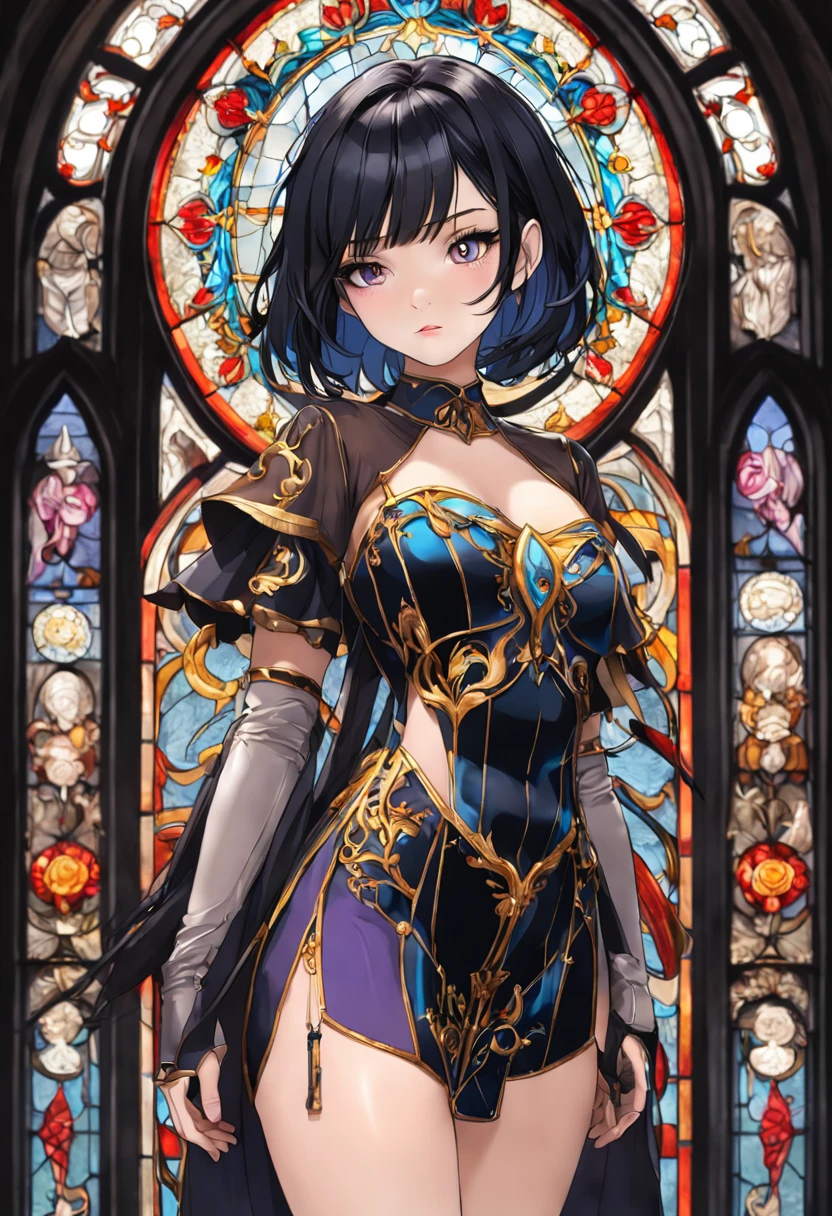 (Full length portrait of a beautiful girl with black hair bob cut wearing a costume with a deep slit)::style Stained glass style art、colourfull、Photorealsitic、highcontrast