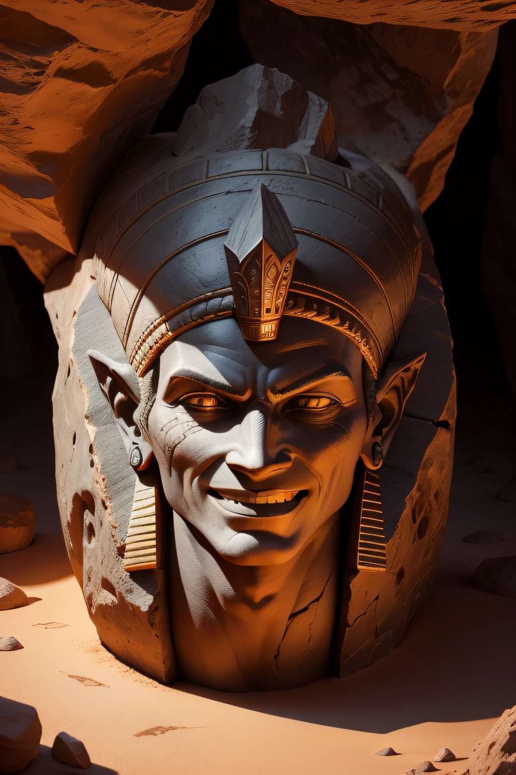 Cave carved into the rocks in the desert with ancient inscriptions on the walls, depictions of gods and mythological creatures. In the center of a camera, A hand-carved Egyptian statue depicted a demonic figure, his expression contorted into a malevolent smile