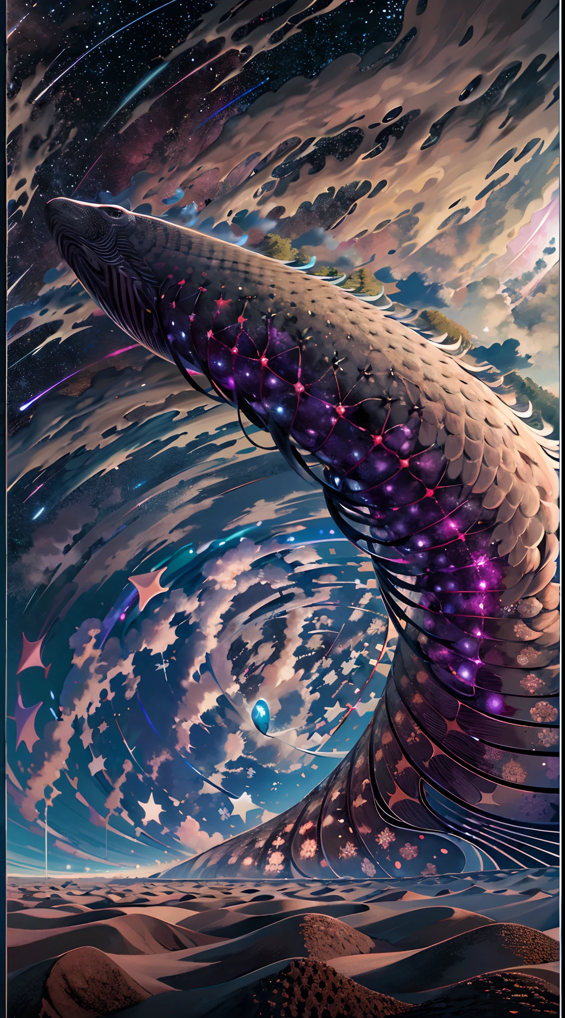 Monstruo gigante mirando hacia abjao en un paisaje de otro mundo,Gigante echo de fractales, Fractal infinito,fractal de Mandelbrot, divino, Figura imponente humanoide, masivo,escala masiba, mirando hacia abajo, de pie, inmenso, apocalyptic, colorido, iridiscente, obra maestra, 4k-resolution, detalles intrincados, dios,divino,ente superios echo de fractales,figuara imposible,geometria unica,