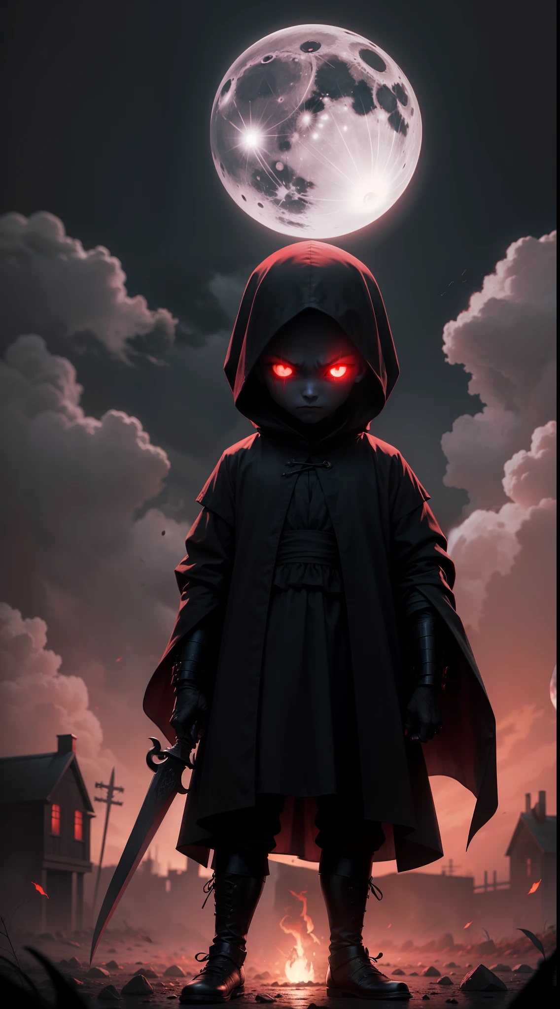 a demonic faceless small humanoid, holding two bladed weapons, scary, horror, night, dark, fall weather, full moon, glowing red eyes, evil, 1600s
