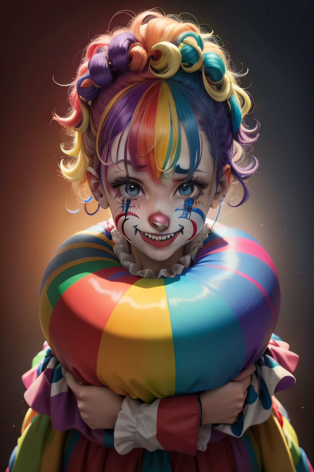 clown,sorrir, HQ, quadrinhos , roupas coloridas , arco iris (cabelos ondulados multicoloridos:1.2),(mundo psicodelico:1.4)