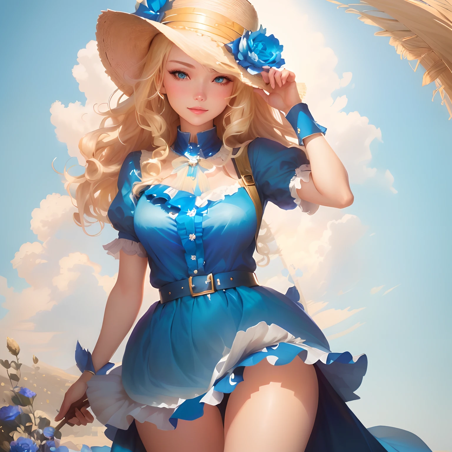 Blonde woman posing for photo in long blue dress and hat, Behind it is a pile of grain，Guviz-style artwork, Guweiz on ArtStation Pixiv, Guweiz in Pixiv ArtStation, Extremely detailed Artgerm, Style Artgerm, Guviz, artgerm julie bell beeple, Artgerm on ArtStation Pixiv