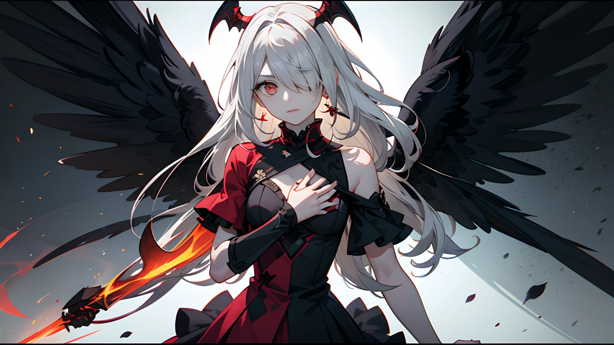 8K分辨率,In the middle of the picture is a magic line,Divide a girl in half,masterpiece,Master composition,incredibily detailed、textured,(The left half is angel and the right half is demon,One eye with black light,One eye glowed red)one-girl,Master contrast,Long flowing white hair,Black and red dress