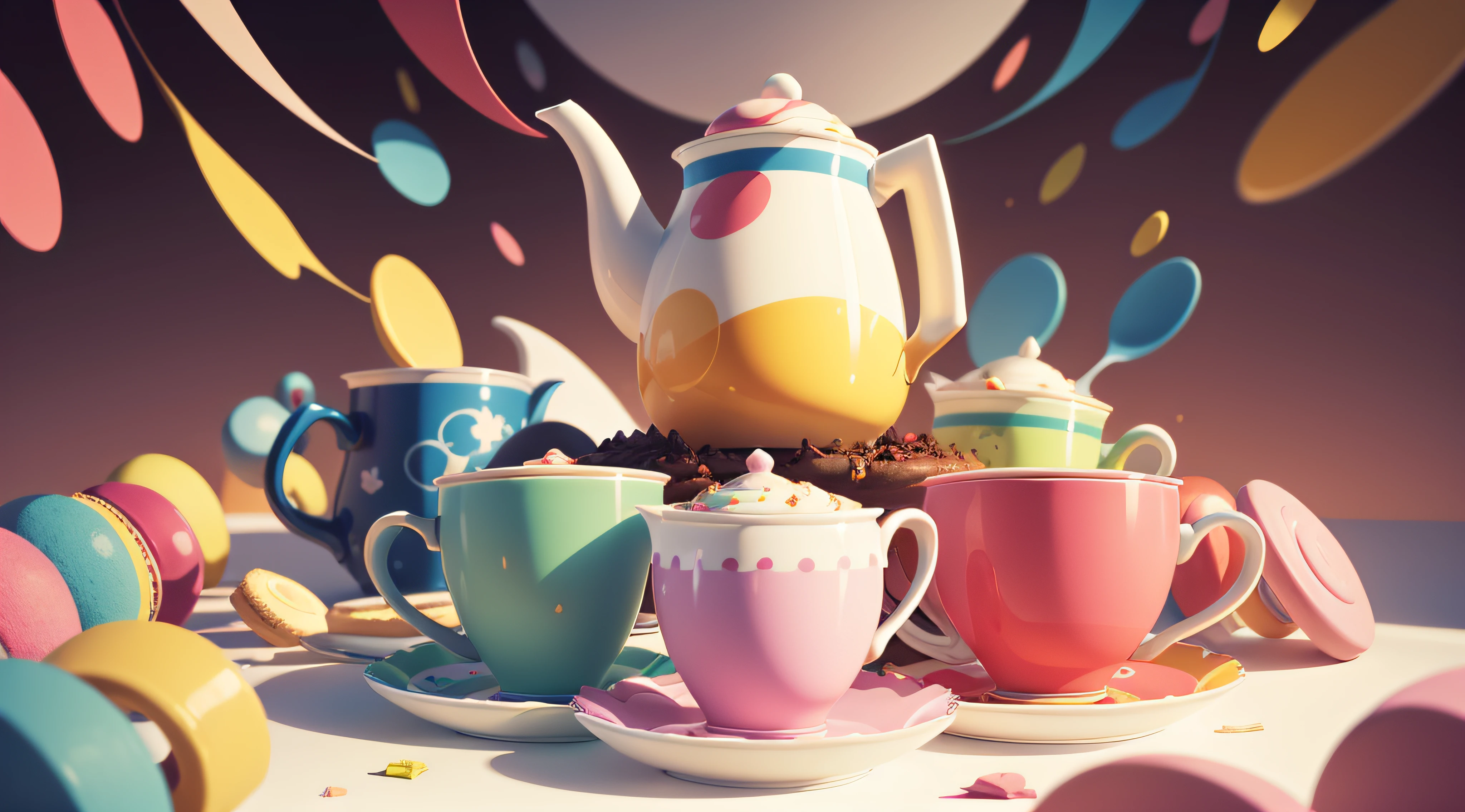 no people. tea party. abstract pieces of colors, distorted. Background is abstract of bright colors. Fun and innocent and bright and colorful. a single big tea pot in the center top, with many tea cups and biscuits and spoons and cupcakes flying around