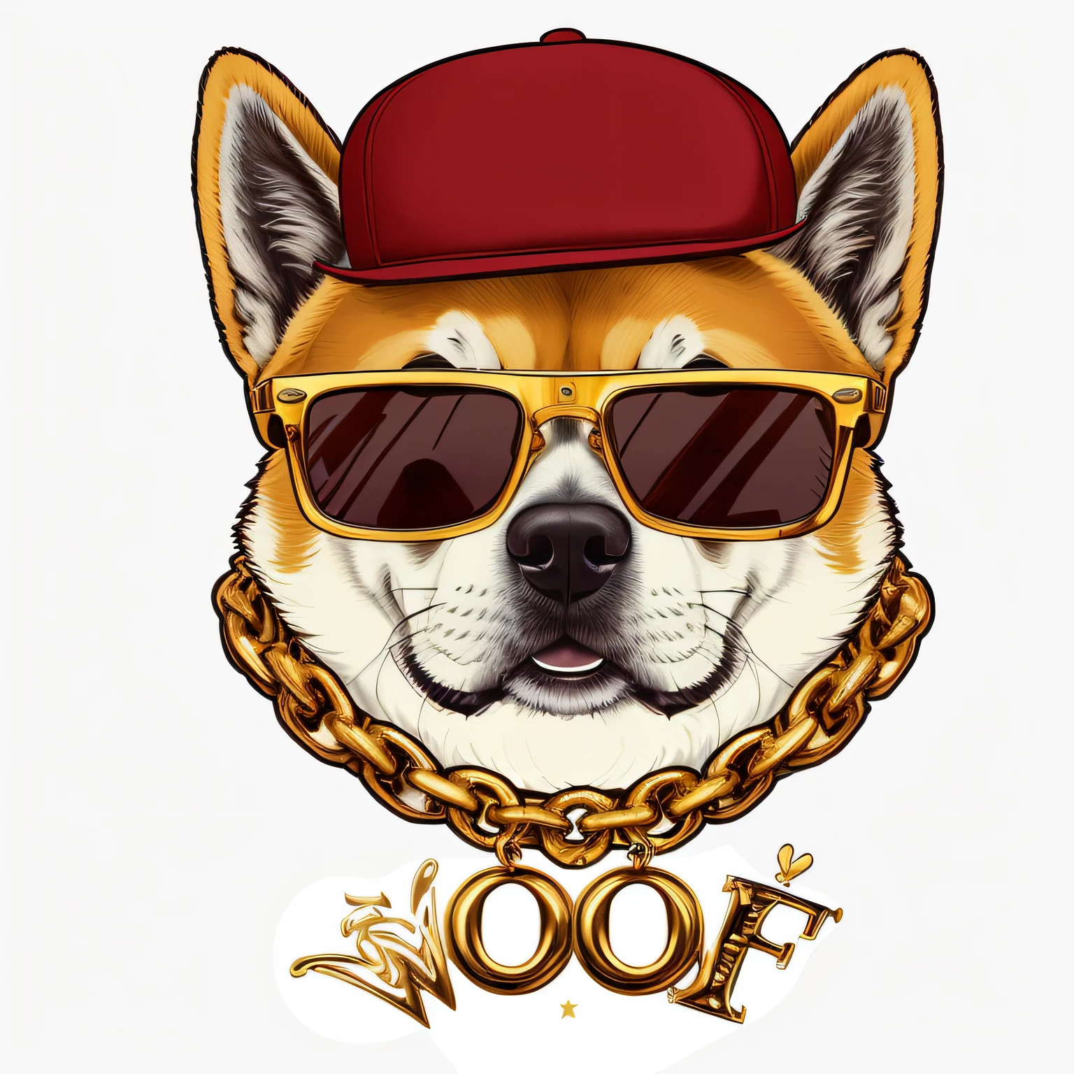 Em um estilo cartunesco detalhado, make the head of a Shiba dog, com corrente de ouro com um pingente escrito inteiramente a palavra "WOOF" inside a bone made of gold and a square sunglasses with the thin lenses in the style of the glasses Retro Vintage Rectangular Square Hype Rap. and wearing a crooked brim cap, tipo rapper, SHIBA DOG, estilo graffiti