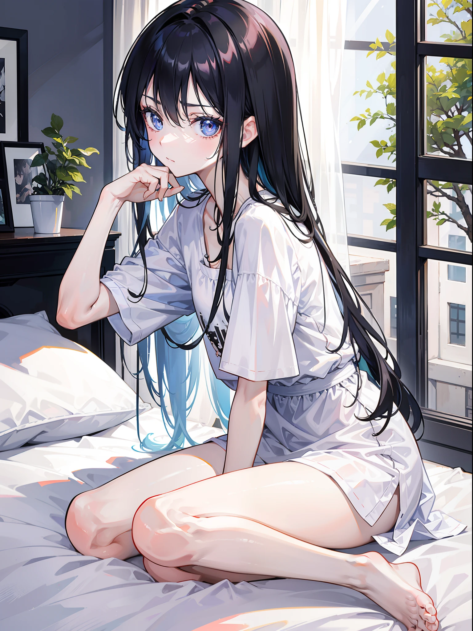 the girl with black hair，Thin stature，hair messy，Long hair，Small face，emaciated，Lying on the bed in the bedroom playing with your phone，White loose short sleeves，Bare legged，without wearing shoes，scruffy，with hair dishevelled，Various anime beauty figures are placed in the room，Close the curtains，The lighting is dim，The face is gloomy，Three no girls，Lovely room interior，emaciated，Poor milk，The chest is extremely small，Coloured bed