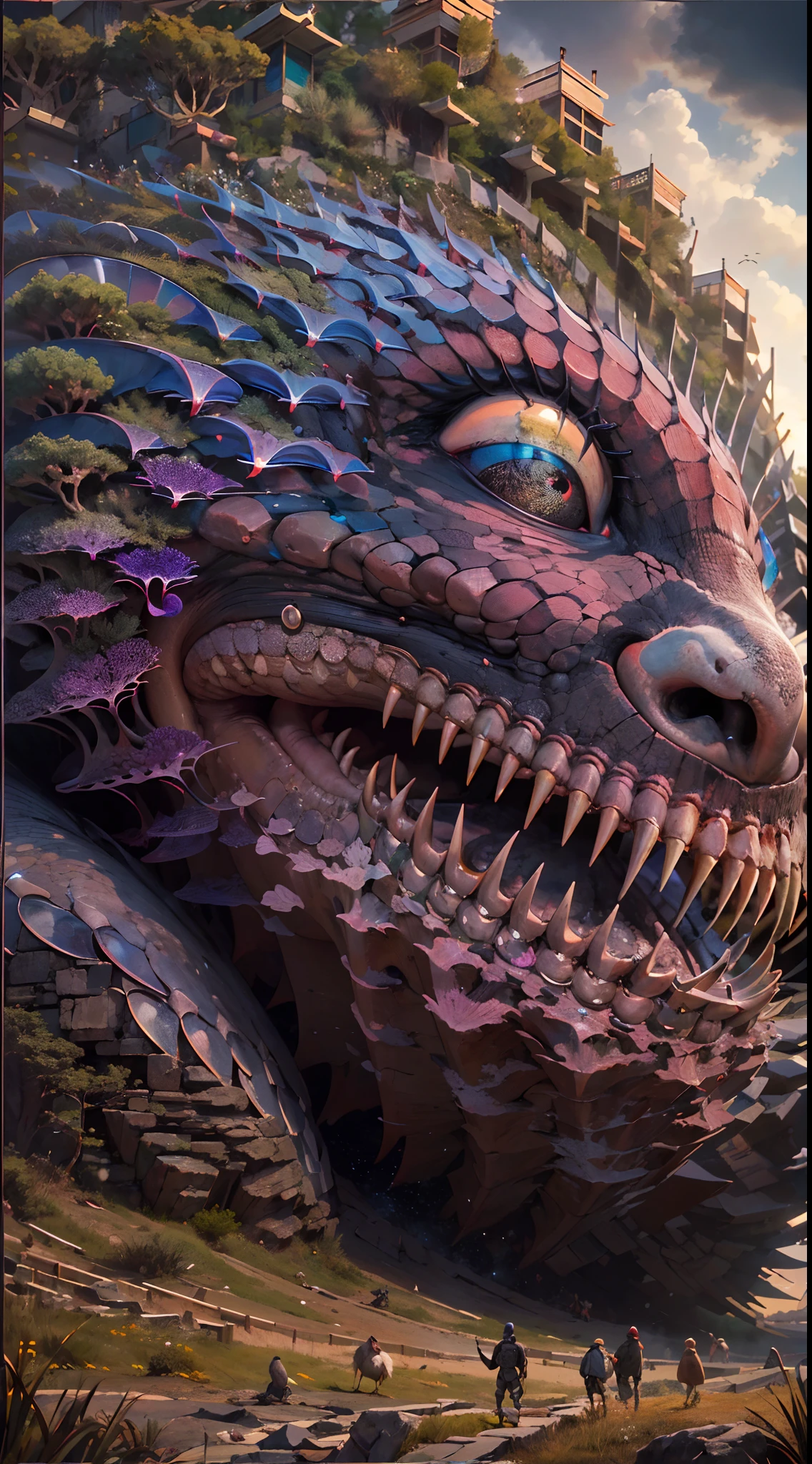 Monstruo gigante mirando hacia abjao en un paisaje de otro mundo,Gigante echo de fractales, Fractal infinito,fractal de Mandelbrot, divino, Figura imponente humanoide, masivo,escala masiba, mirando hacia abajo, de pie, inmenso, apocalyptic, colorido, iridiscente, obra maestra, 4k-resolution, detalles intrincados, dios,divino,ente superios echo de fractales,figuara imposible,geometria unica,