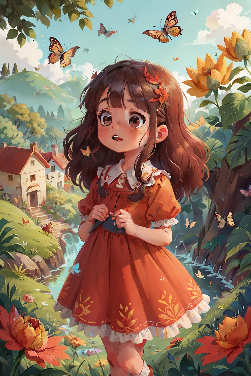de cabelos escuros e curto, vestido vermelho, chasing butterflies, campo florido, menina, vestido vermelho, flores no cabelo, bochechas vermelhas, muitas flores, encontra um lago encantado
