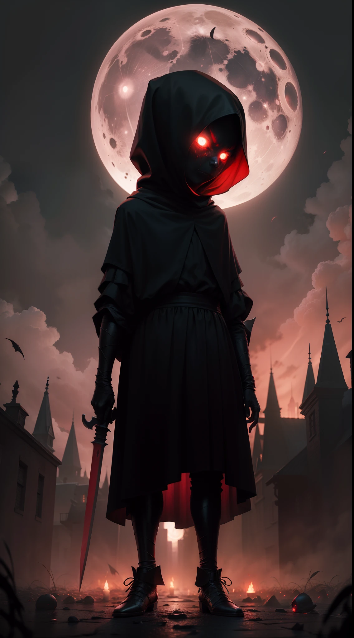 a demonic faceless small humanoid, holding two bladed weapons, scary, horror, night, dark, fall weather, full moon, glowing red eyes, evil, 1600s