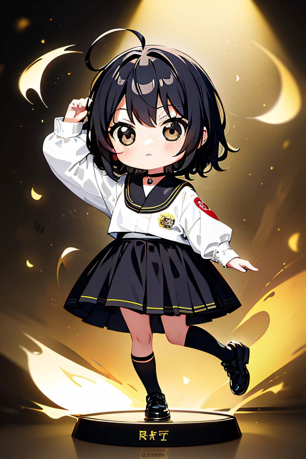 ((Best Quality)), ((masutepiece)),1 girl， animemanga girl，Q Version Characters，Infant body type，Very short in height，black colored hair，a black skirt，fierce look