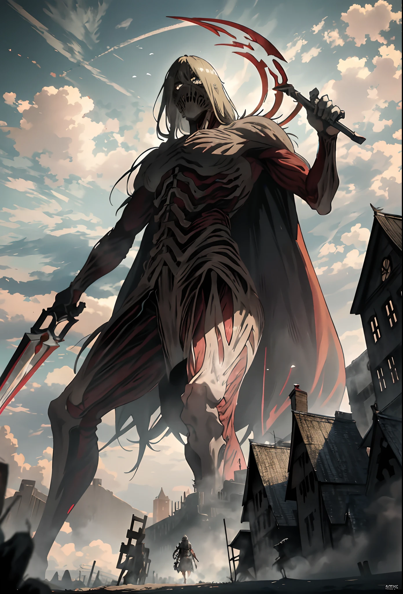 Picture the "Giant Killer" in the world of "Attack on Titan": an overgrown, deadly presence piercing the chaos. Towering with his unique mask and unrelenting focus, the killer spirit of the Twin Scythe and Assassin lives on. huge executioner,etailed, ultra hd, hdr, 8k, cinematic, dramatic lighting ray tracing reflections