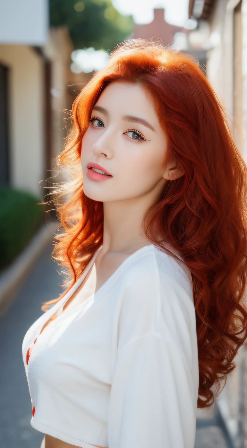 ((Realistic lighting, Best quality, 8K, Masterpiece: 1.3)), Clear focus: 1.2, 1girl, Perfect body beauty: 1.4, Slim abs: 1.1, ((Red hair, Milk: 1.3)), cowgirl pose, (Outdoor, daytime: 1.1), country street, super fine face, fine eyes, double eyelids, curly hair, fair skin