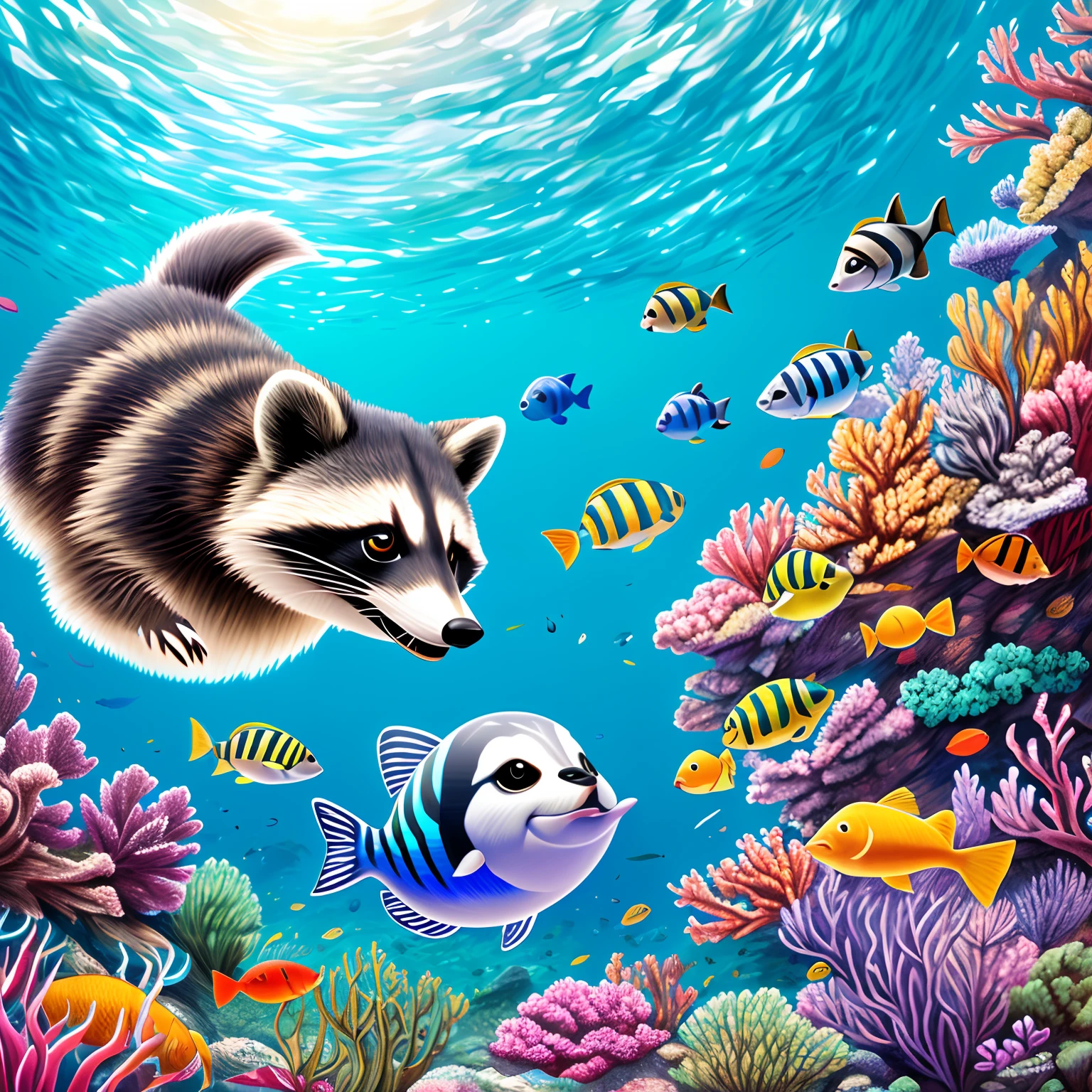 (highres, best quality:1.2), radiance, soft contours, beautiful drawing, concept art, detailed background, bright colors, 3DMM,
raccoon, underwater world, fish, bubbles