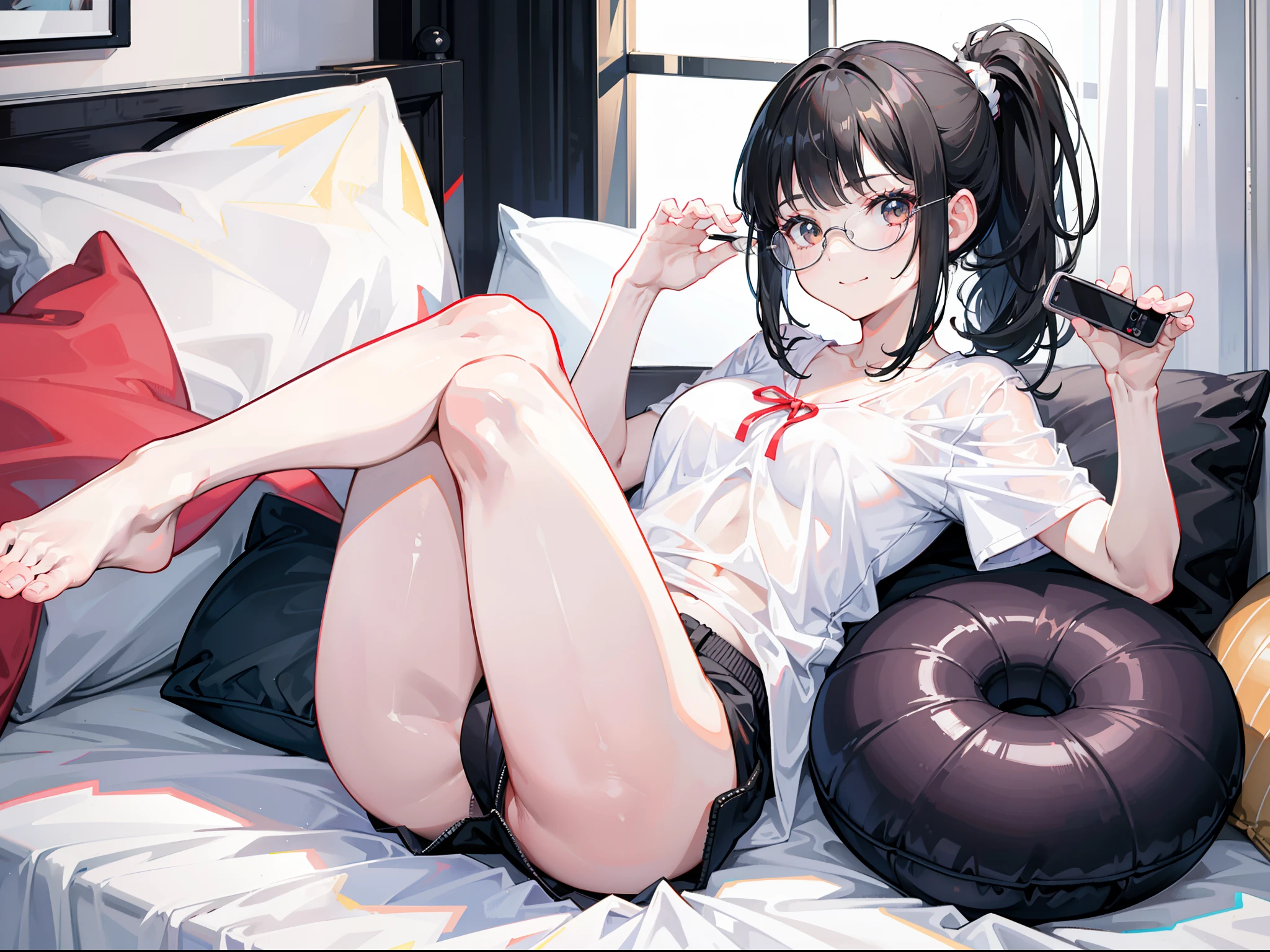 the girl with black hair，figure eight bangs，Large chest，Low ponytail，eye glass，face round，Meat toot，adolable，white short sleeve，Bare legged，Ruddy complexion，Bare legged，without wearing shoes，Lying in bed playing with your phone，Sunny smile