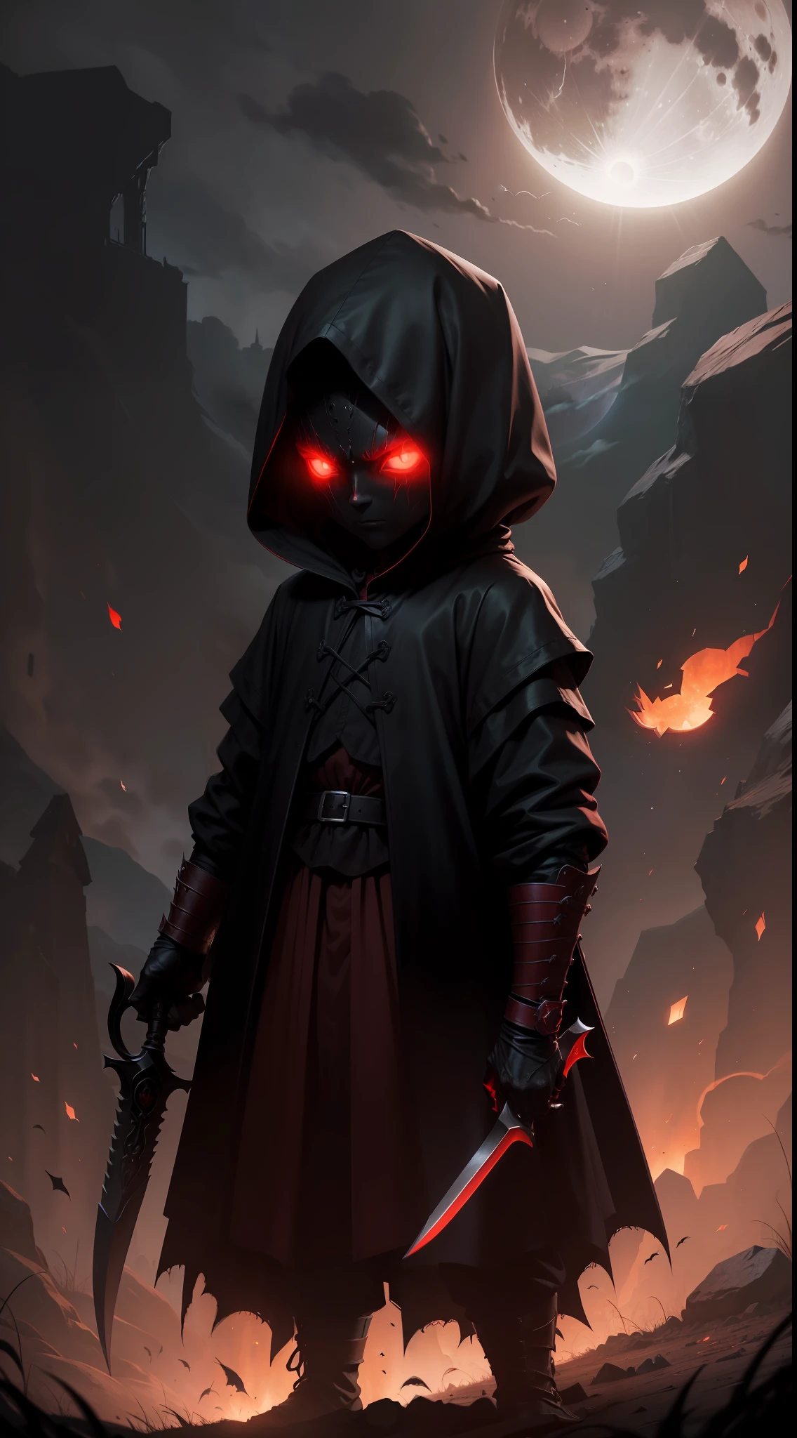 a demonic faceless small humanoid, holding two bladed weapons, scary, horror, night, dark, fall weather, full moon, glowing red eyes, evil, 1600s