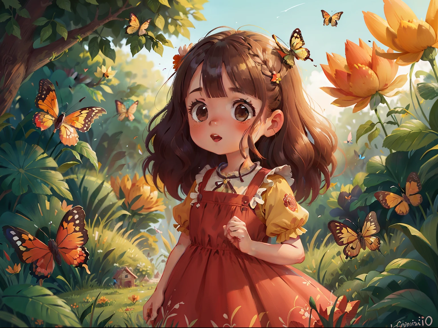 Menina de cabelos escuros e curto, vestido vermelho, chasing butterflies, campo florido, menina feliz, vestido vermelho, flores no cabelo, bochechas vermelhas, muitas flores, encontra um lago encantado