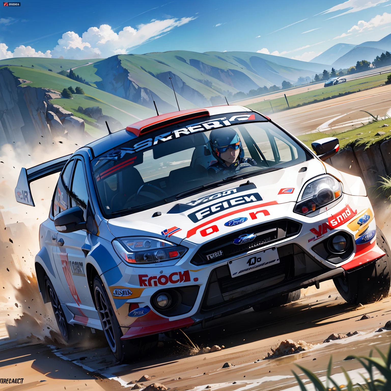 "Ford Focus Rally configuration, Intense action, adrenalinefilled, Mud splashes, High-speed stimulation, Rally cars fly in the dirt, Powerful engine roar, Precise operation, Dynamic angles, dust cloud, Sharp, A race against time."