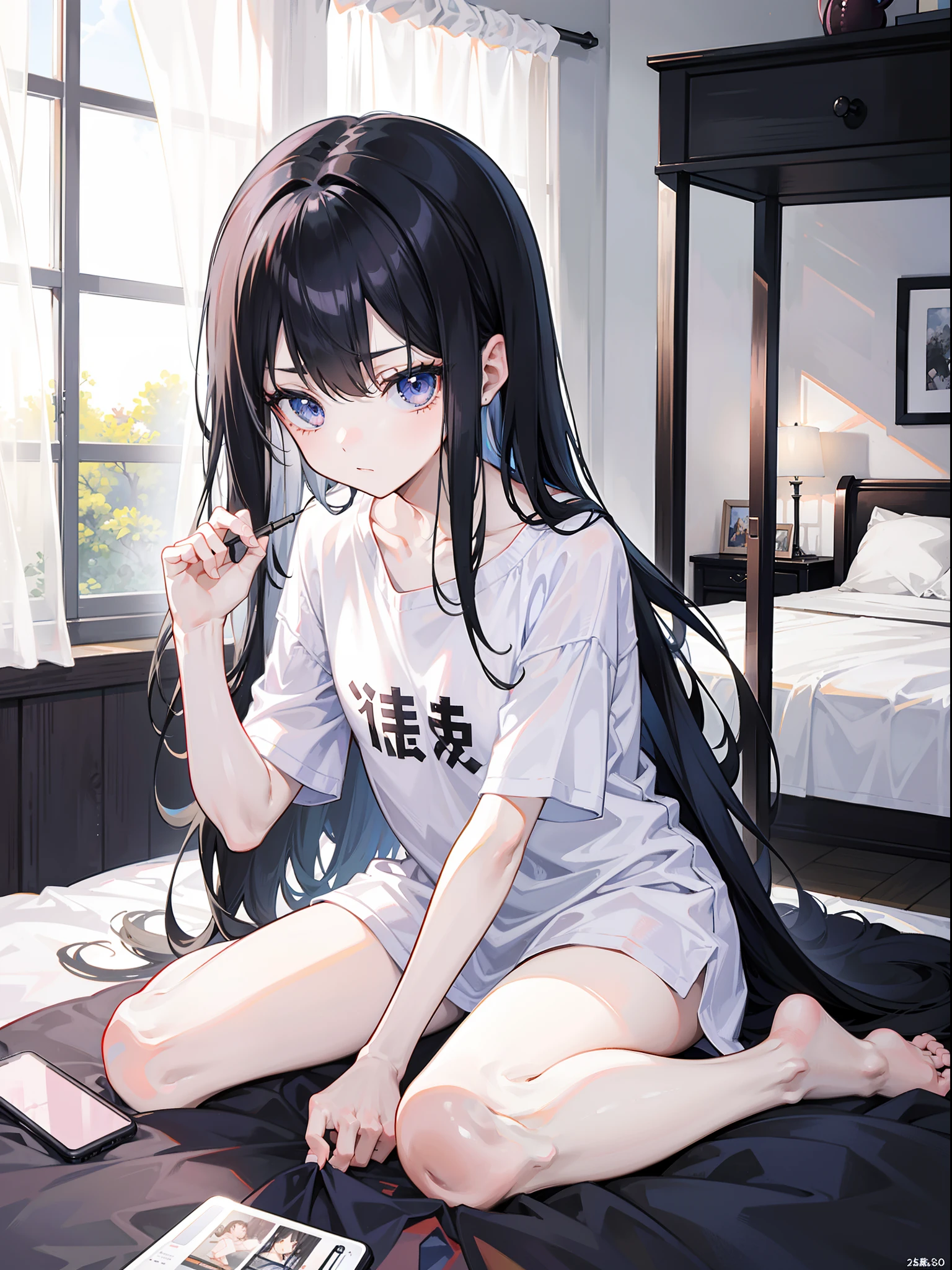 the girl with black hair,Thin stature,hair messy,Long hair,Small face,emaciated,Lying on the bed in the bedroom playing with your phone,White loose short sleeves,Bare legged,without wearing shoes,scruffy,with hair dishevelled,Various anime beauty figures are placed in the room,Close the curtains,The lighting is dim,The face is gloomy,Three no girls,Lovely room interior,emaciated,Poor milk,The chest is extremely small,Coloured bed