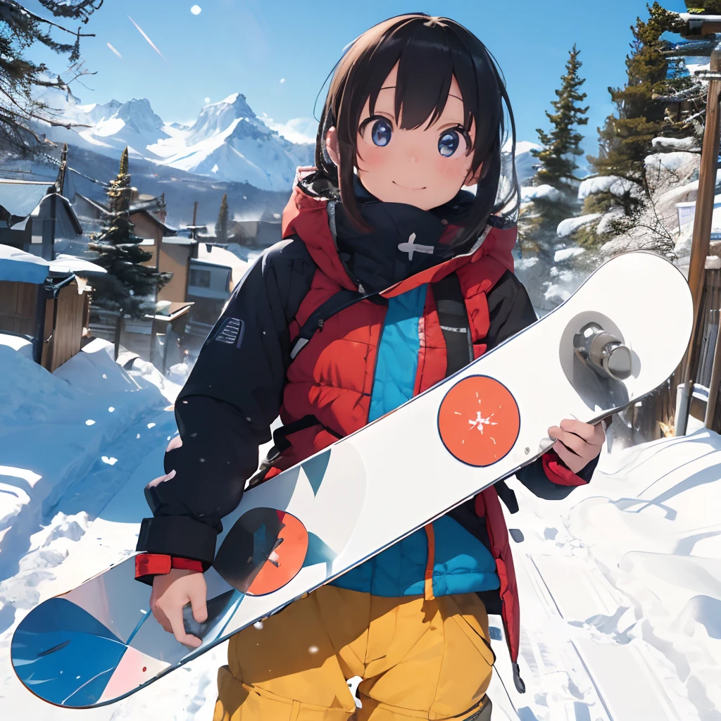 masutepiece, Best Quality, 8K_Wallpaper, (Beautiful eyes), ((Snow is piled up)), Cute, (Yellow Wear、Outerwear is blue、Red pants), (Slopes with large trees),1girl in,small tits,1 girl、Smile,(Gliding after a friend in front of you)、(((Snow as far as the eye can see)))、Ski resort on a sunny day、snow board、(((girl standing on mountain)))(((Wear a snowboard)))、