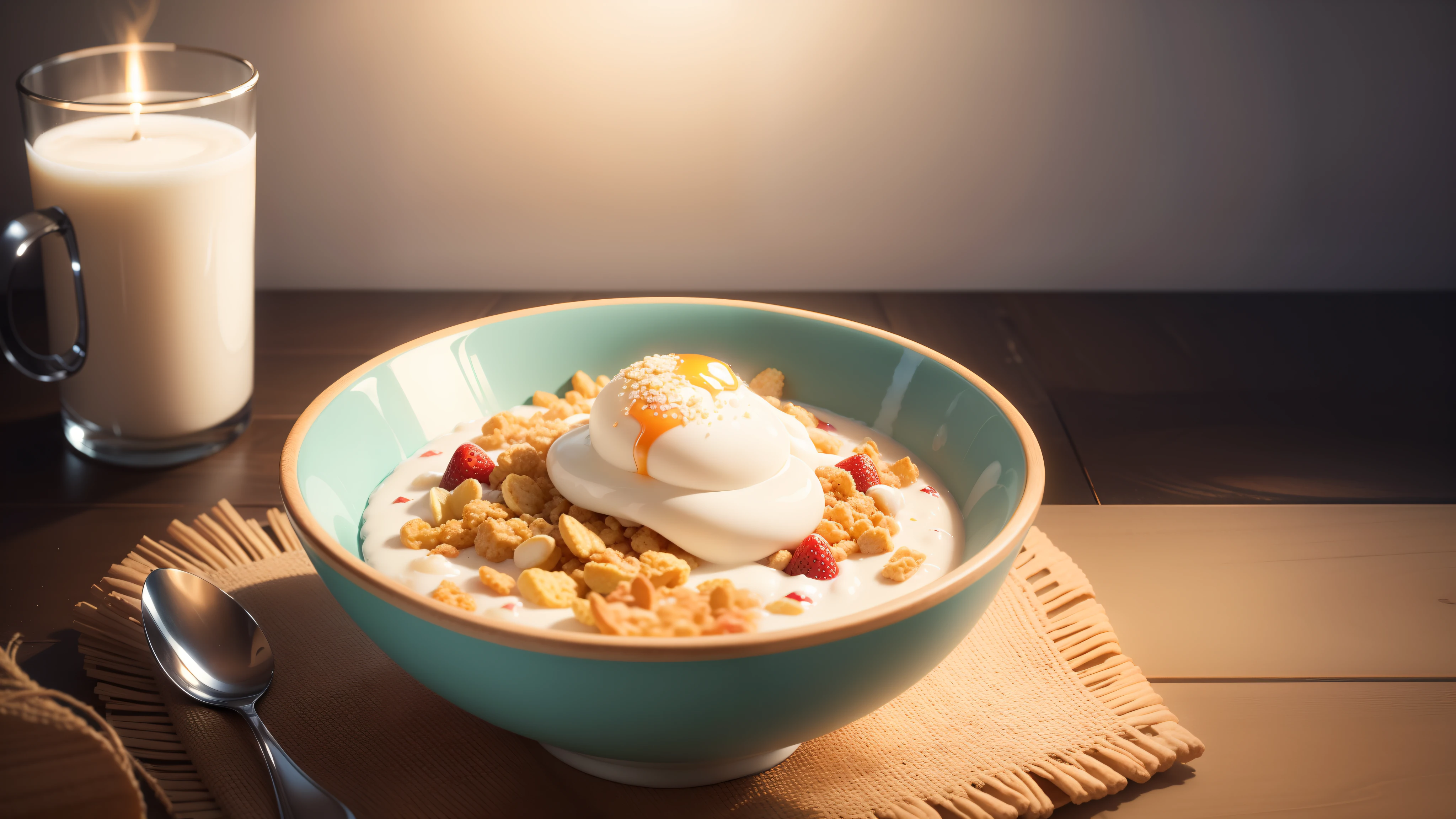 "A visually stunning and appetizing composition of a bowl of breakfast cereal – crisp, vibrant, and enticing. The cereal is perfectly arranged, with each piece showcasing its unique color and texture. The milk is poured elegantly, creating a mesmerizing swirl. The lighting brings out the shine and enhances the overall aesthetics. The background complements the scene, adding depth and an inviting atmosphere. Capture the joy and satisfaction of enjoying a delicious bowl of breakfast cereal."