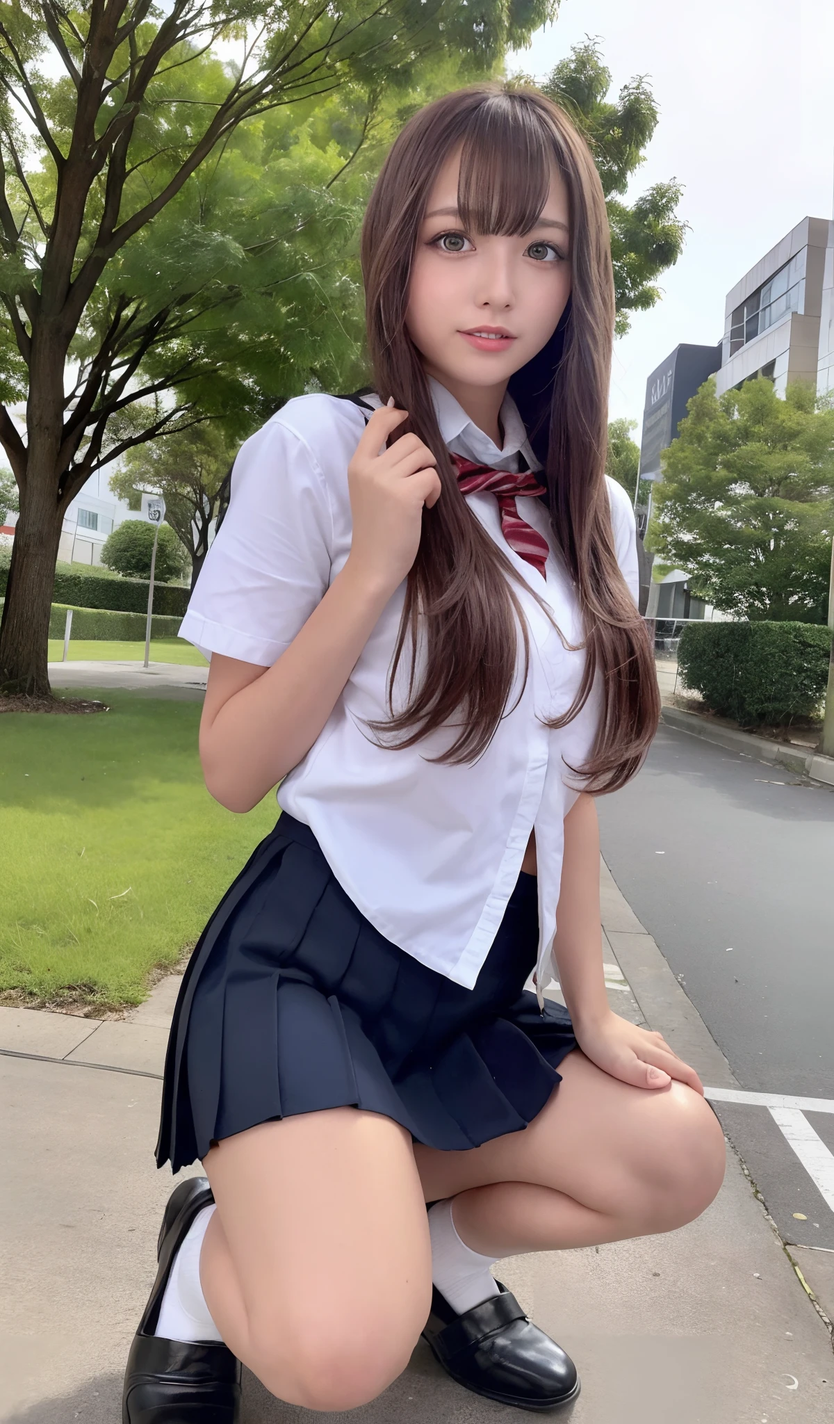 ((in the dark, in the dim place, dark sky, trees)), (((round face))), (blush, drooping eyes), ((bending to open legs, showing off her pubic hair and genitals)), young woman, white summer shirt, ribbon, pleated skirt, uniform, braid,