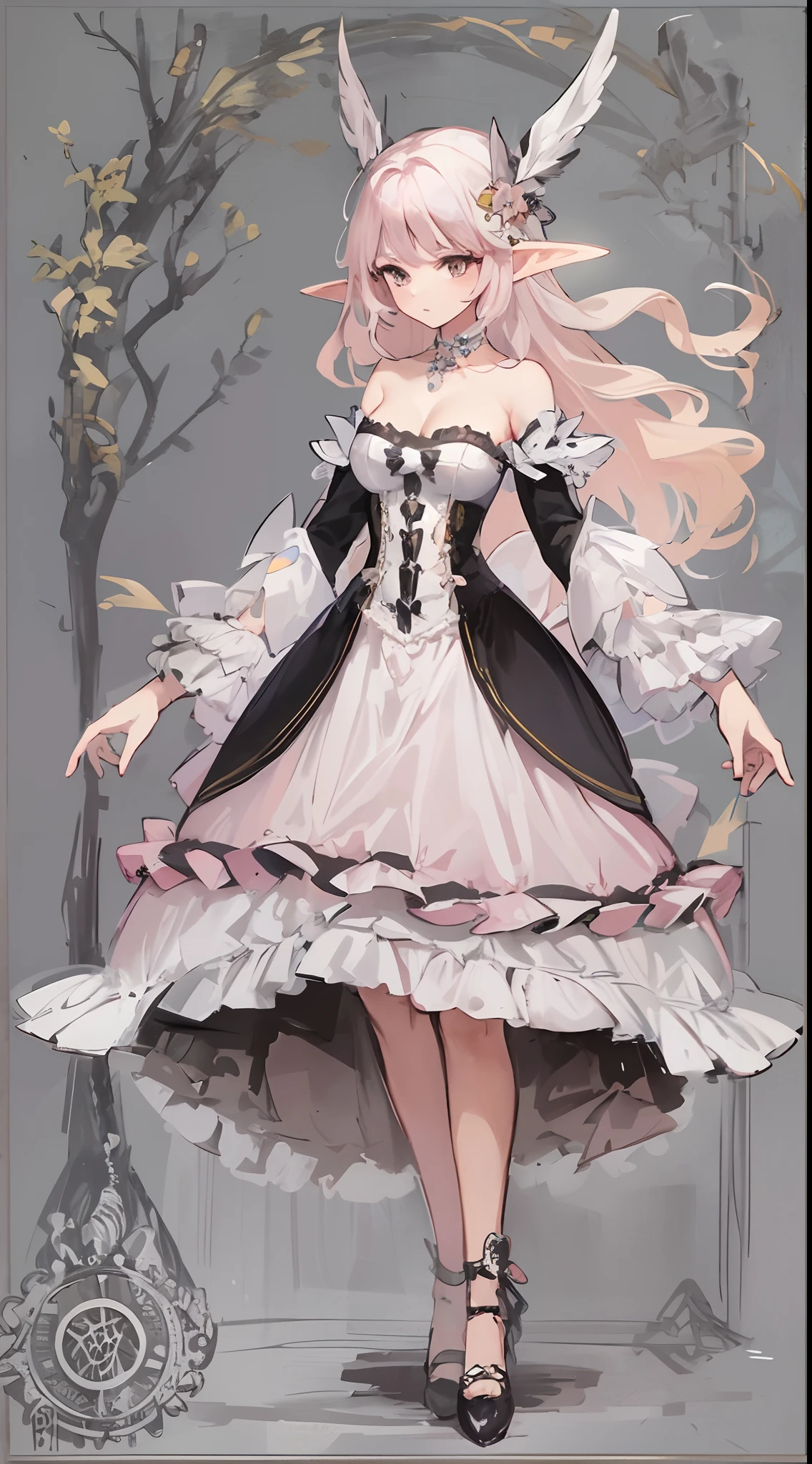 A stunning elf stands, her ethereal beauty enhanced by the delicate Lolita dress she wears. The dress, a blend of pink and black, features a fluffy skirt that sways with her. Her shoulders remain bare, drawing attention to her graceful neckline. Countless ribbons adorn her attire, each one a testament to her meticulous attention to detail. With an air of elegance and charm, she embodies the enchanting spirit of the elven world, a fusion of elegance and playfulness.