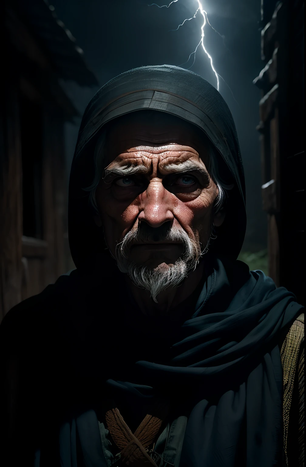 (foco nítido:1.2), an award-winning photo of an old peasant, thunderstorm outside, Lackluster backlighting, Pele extremamente detalhada, tristeza, hopelessness, olhos manchados, (Sombras profundas:1.1), alto contraste, Olhos bonitos, Absurdo, 8k, (alta qualidade: 1.3), , artstation hd |, arte conceitual, Rosto e corpo detalhados, fotografia premiada, (Moody Lighting:1.2), profundidade de campo , Bokeh, 4k, HDR